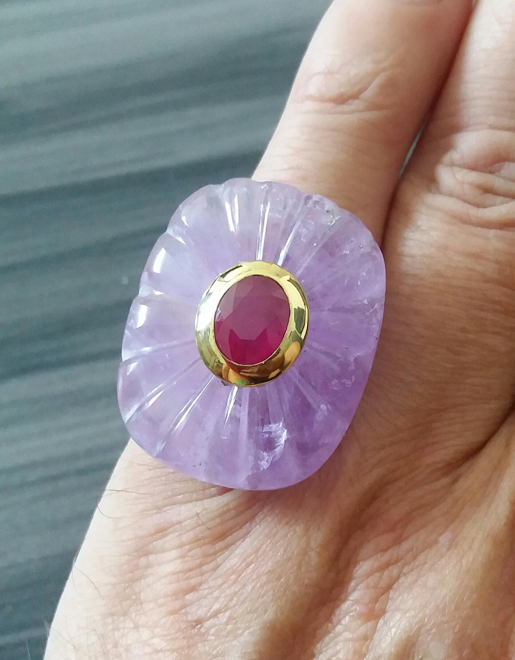 Women's Engraved Cushion Shape Natural Amethyst Faceted Oval Ruby Gold Cocktail Ring For Sale