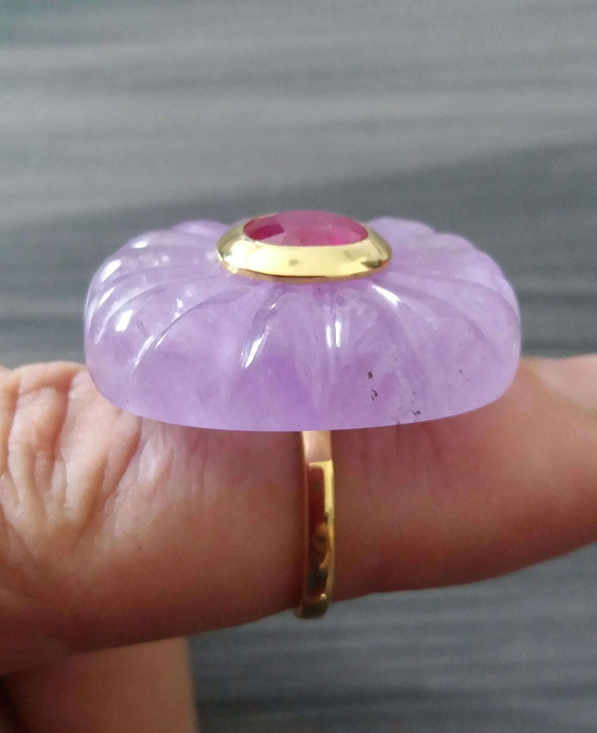 Engraved Cushion Shape Natural Amethyst Faceted Oval Ruby Gold Cocktail Ring For Sale 2