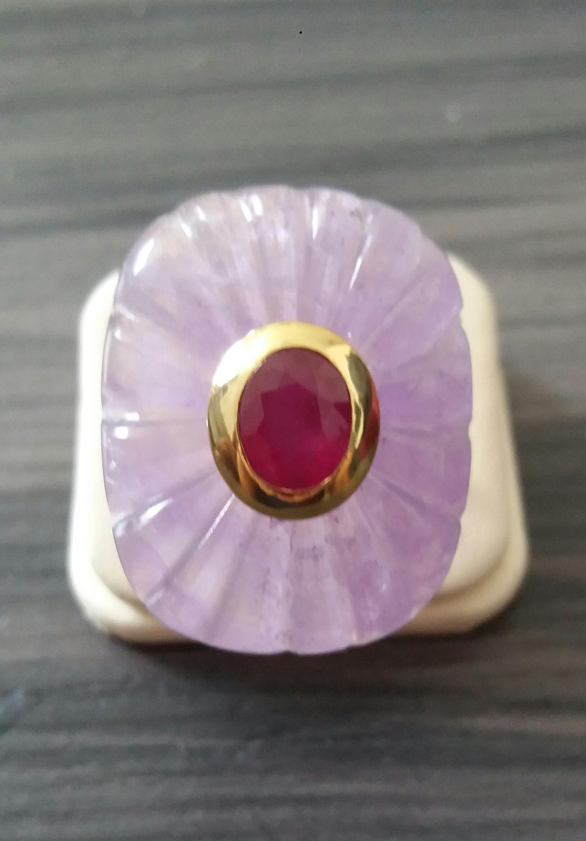 Engraved Cushion Shape Natural Amethyst Faceted Oval Ruby Gold Cocktail Ring For Sale 3