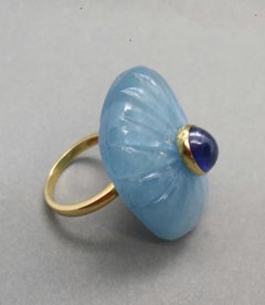 Engraved Cushion Shape Natural Aquamarine Blue Sapphire Oval Cab Yellow Gold
