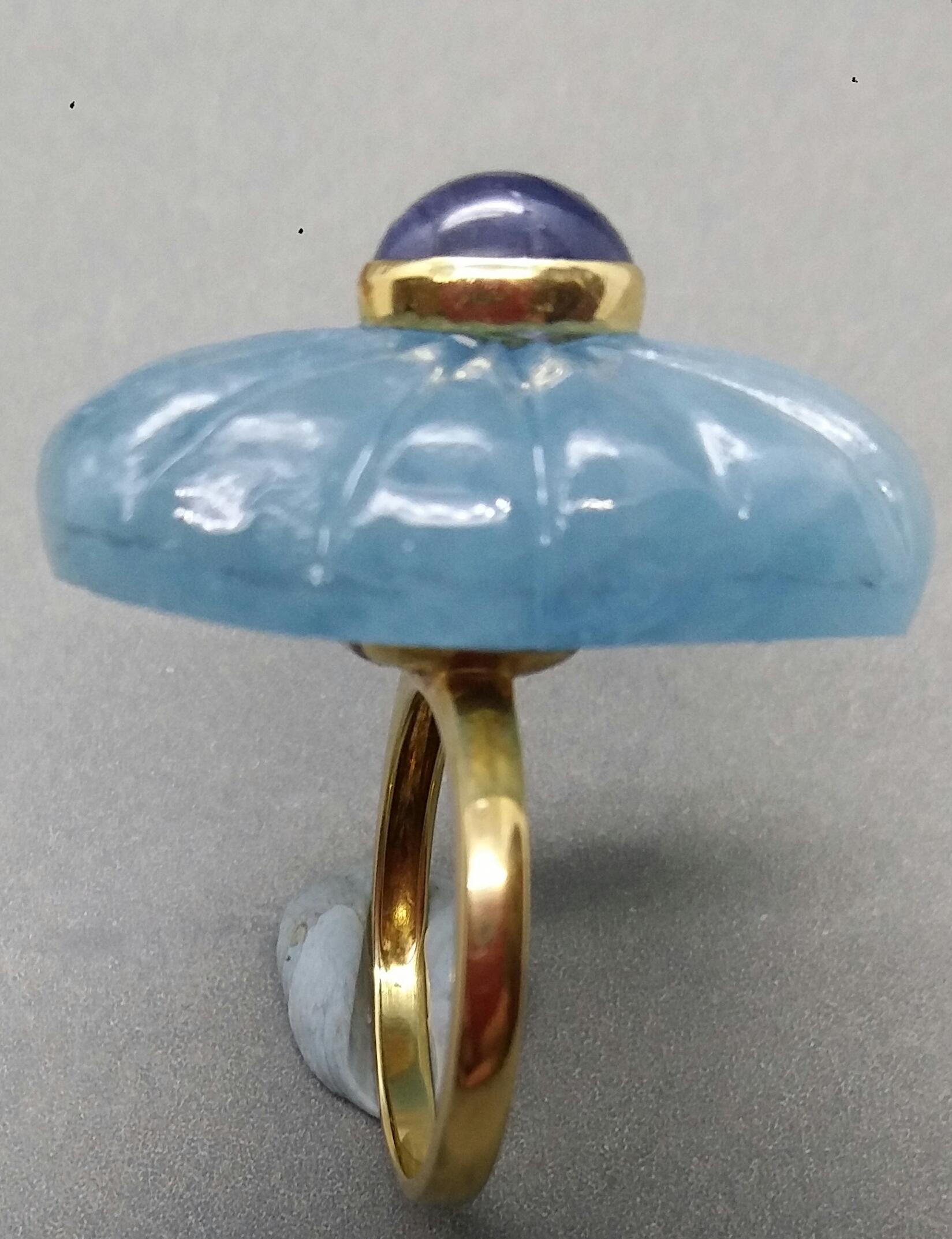 Engraved Cushion Shape Natural Aquamarine Blue Sapphire Oval Cab Yellow Gold 5