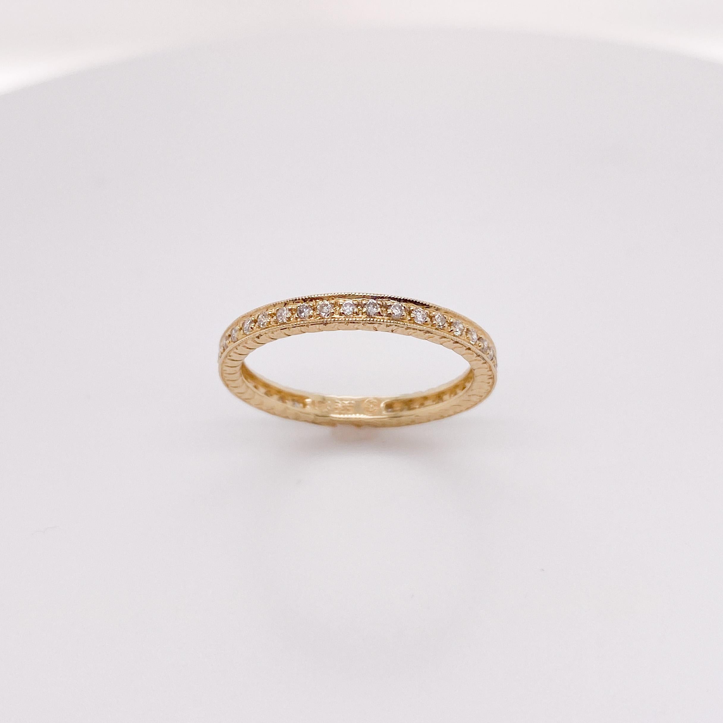 Contemporary Engraved Diamond Eternity Ring, Half Carat Diamonds, 14k Yellow Gold, Milgrain For Sale