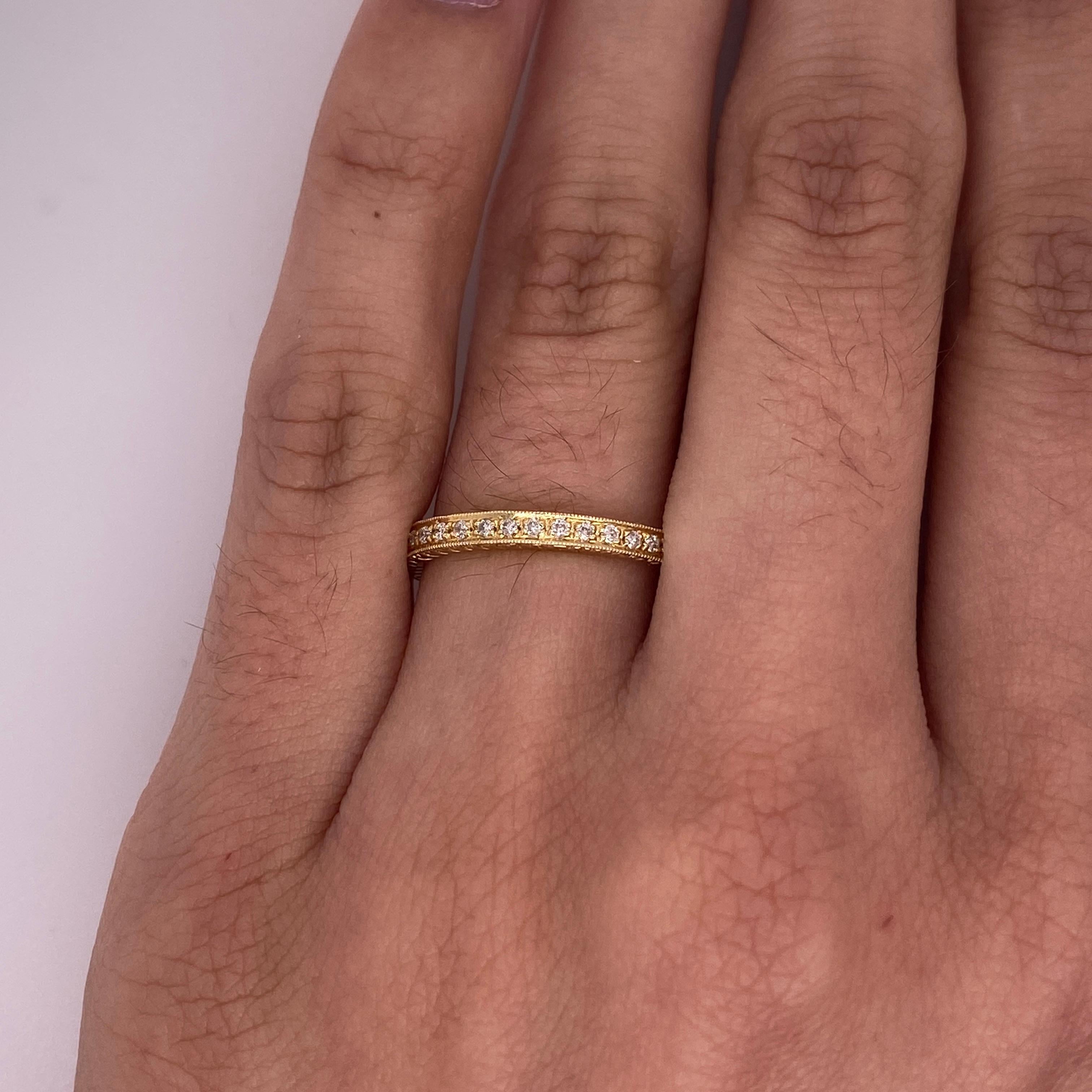 Round Cut Engraved Diamond Eternity Ring, Half Carat Diamonds, 14k Yellow Gold, Milgrain For Sale