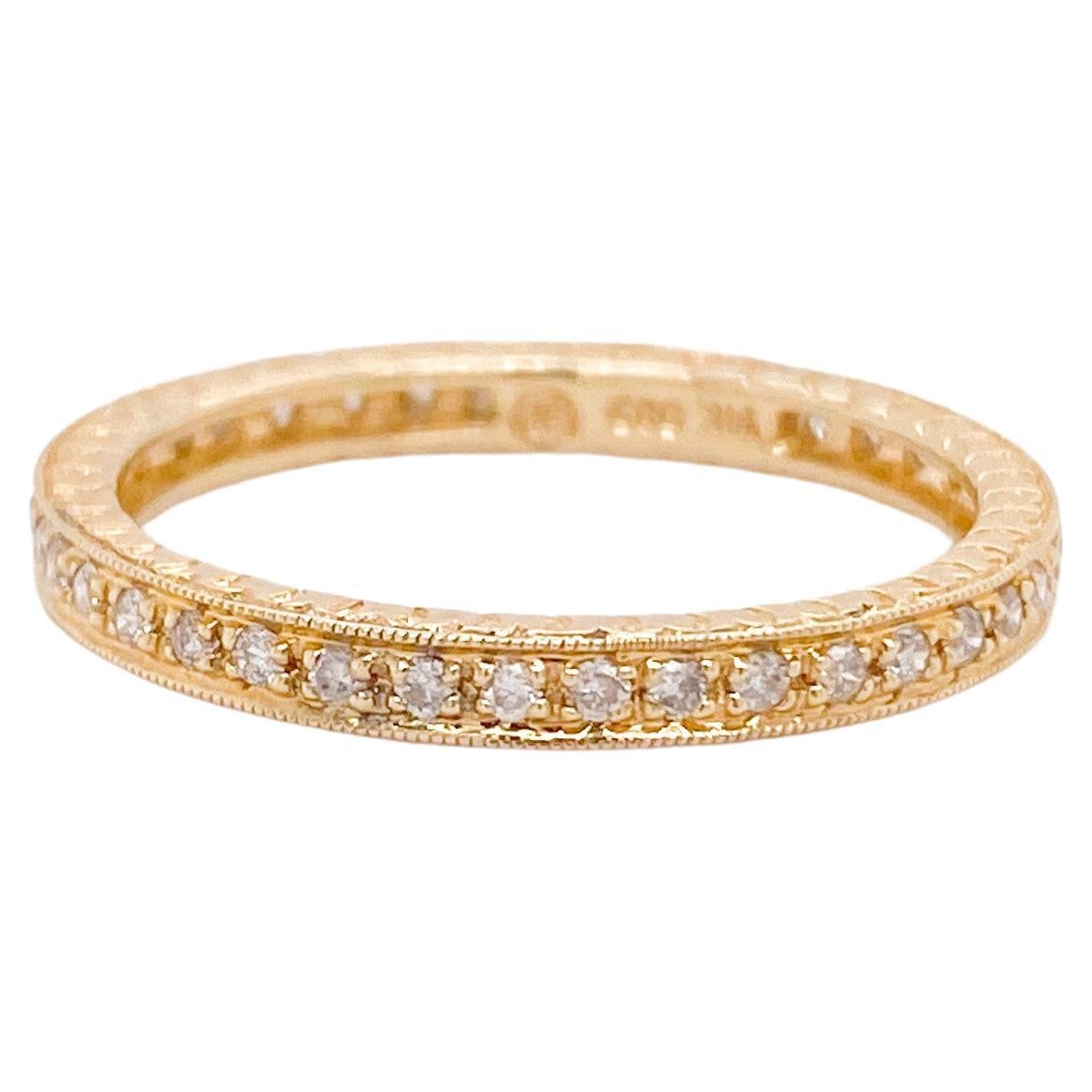Engraved Diamond Eternity Ring, Half Carat Diamonds, 14k Yellow Gold, Milgrain For Sale