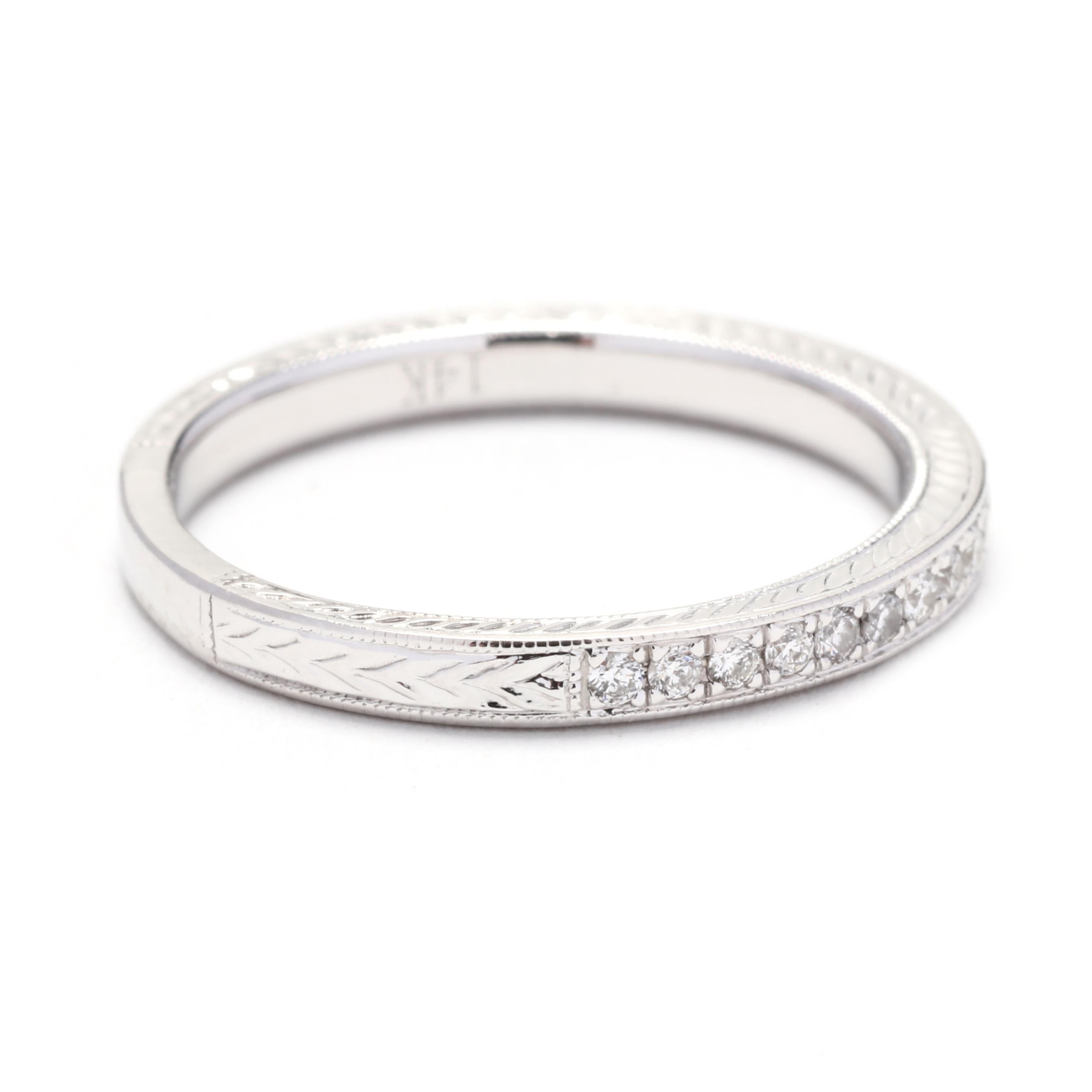 This engraved diamond wedding band is a stunning choice for a timeless and elegant look. Crafted in 14K white gold, it features a total carat weight of 0.30ctw of round cut diamonds. The diamonds are carefully set in a channel setting, creating a