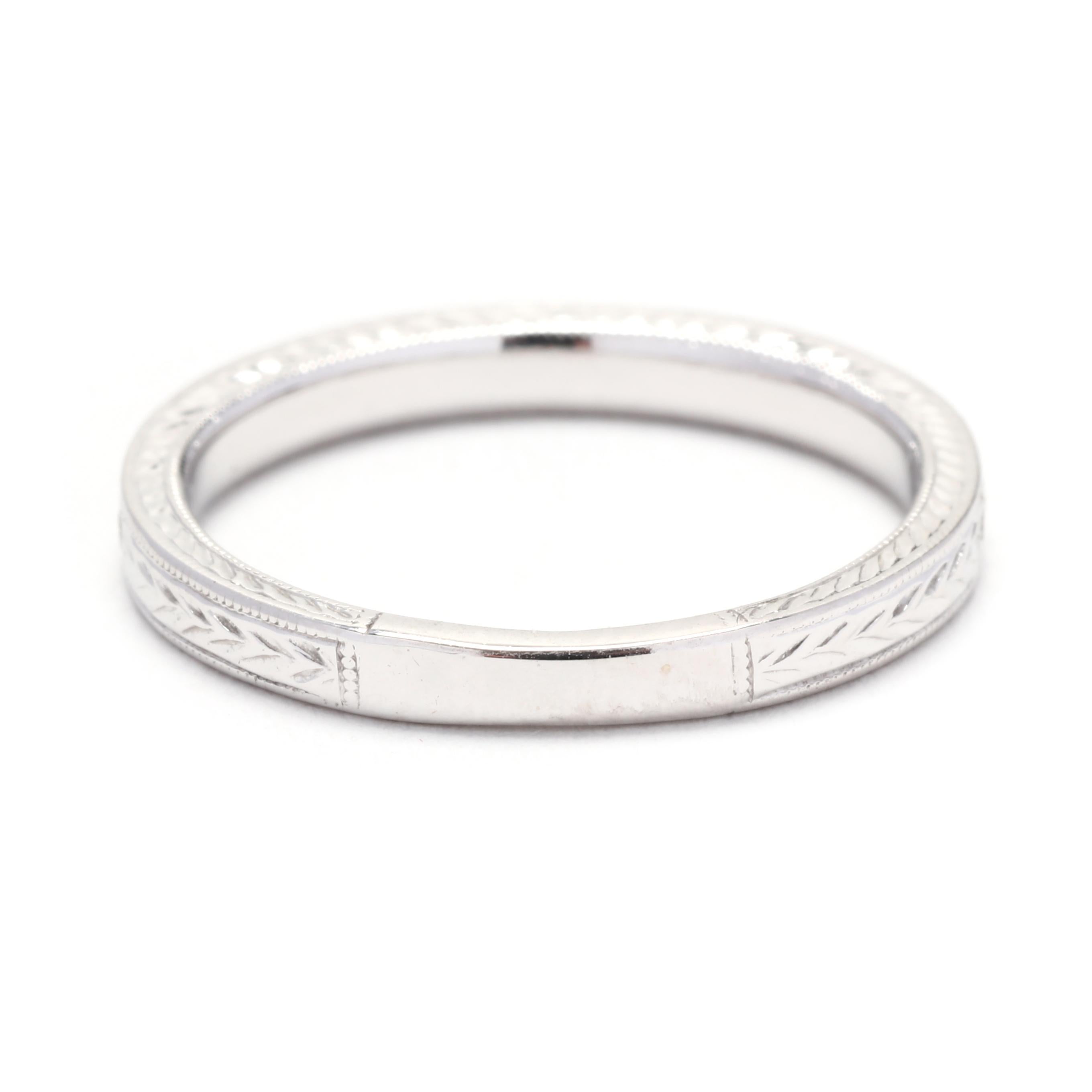 Gravierter Diamant-Hochzeitsring, 14K Weißgold, Ring Größe 6,25, stapelbarer Diamant (Brillantschliff) im Angebot