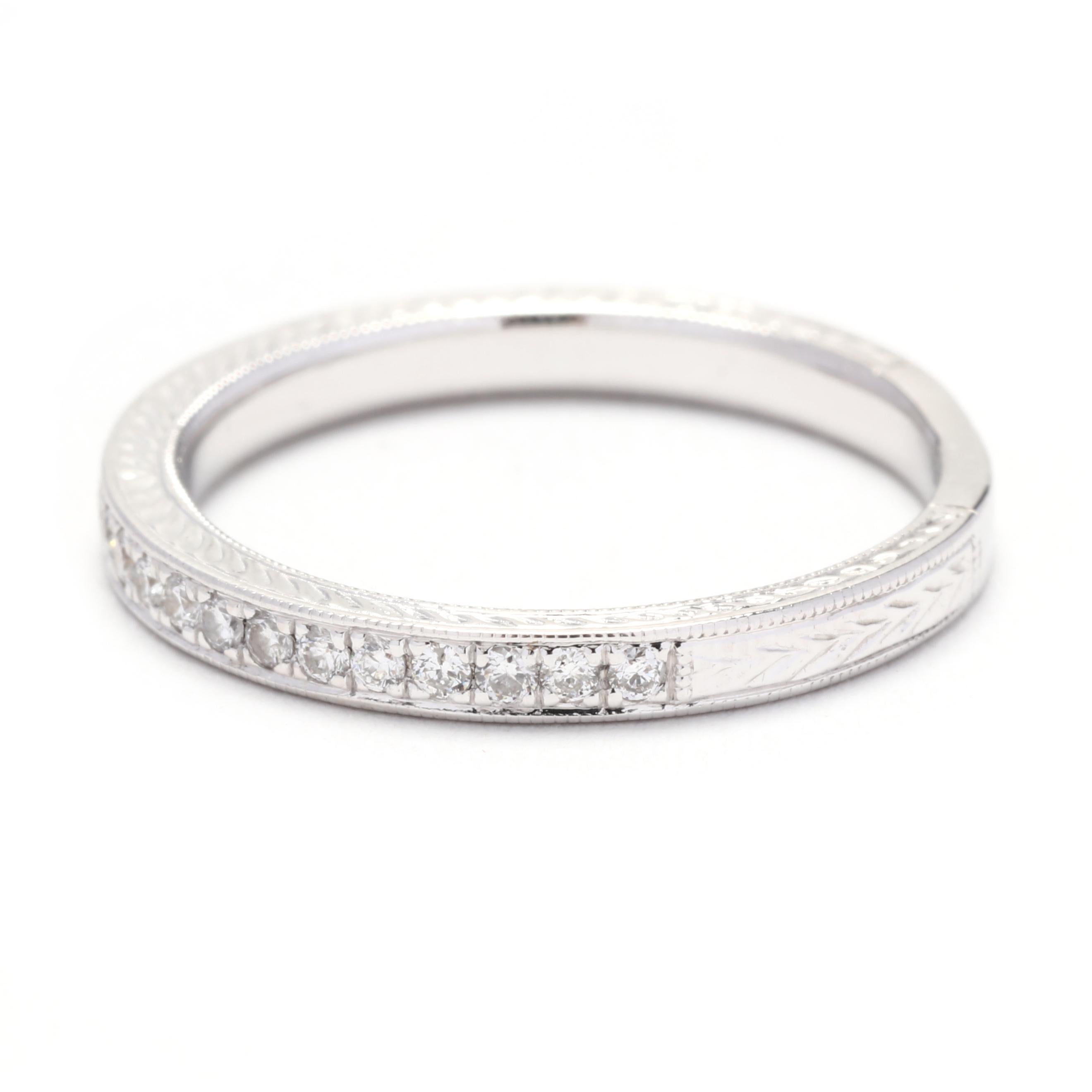 Gravierter Diamant-Hochzeitsring, 14K Weißgold, Ring Größe 6,25, stapelbarer Diamant im Zustand „Gut“ im Angebot in McLeansville, NC