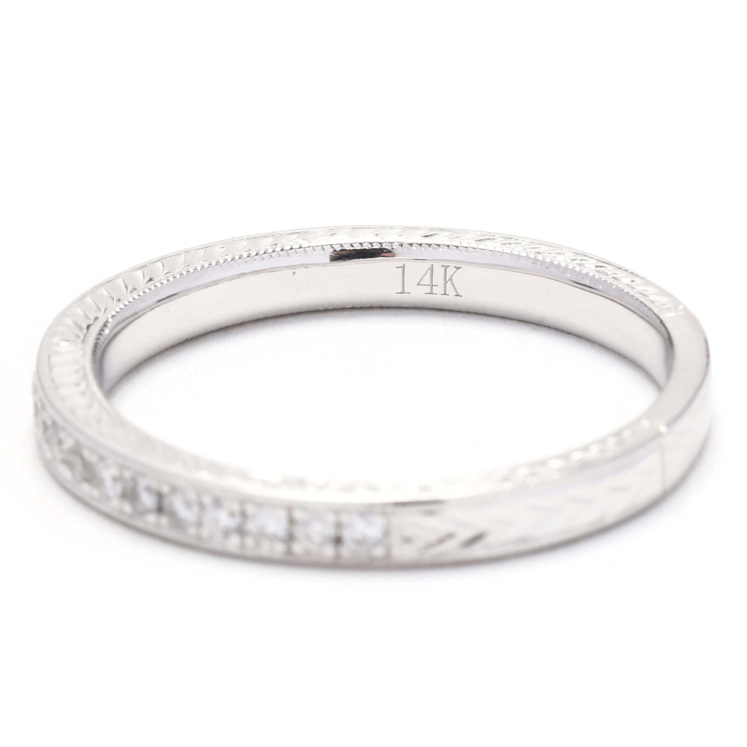 Women's or Men's Engraved Diamond Wedding Band, 14K White Gold, Ring Size 6.25, Stackable Diamond For Sale