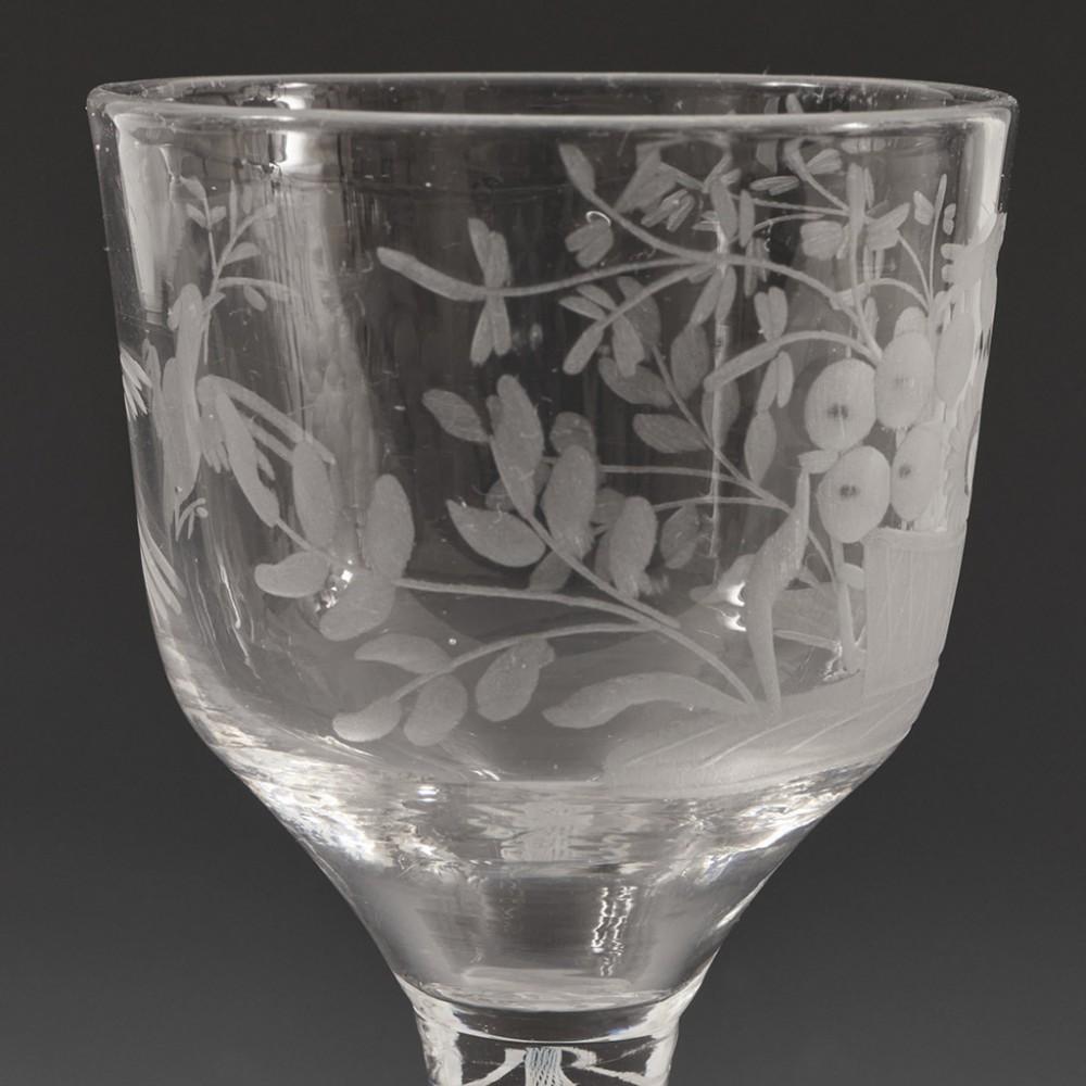 British Engraved Double Series Opaque Twist Wine Glass c1760 For Sale