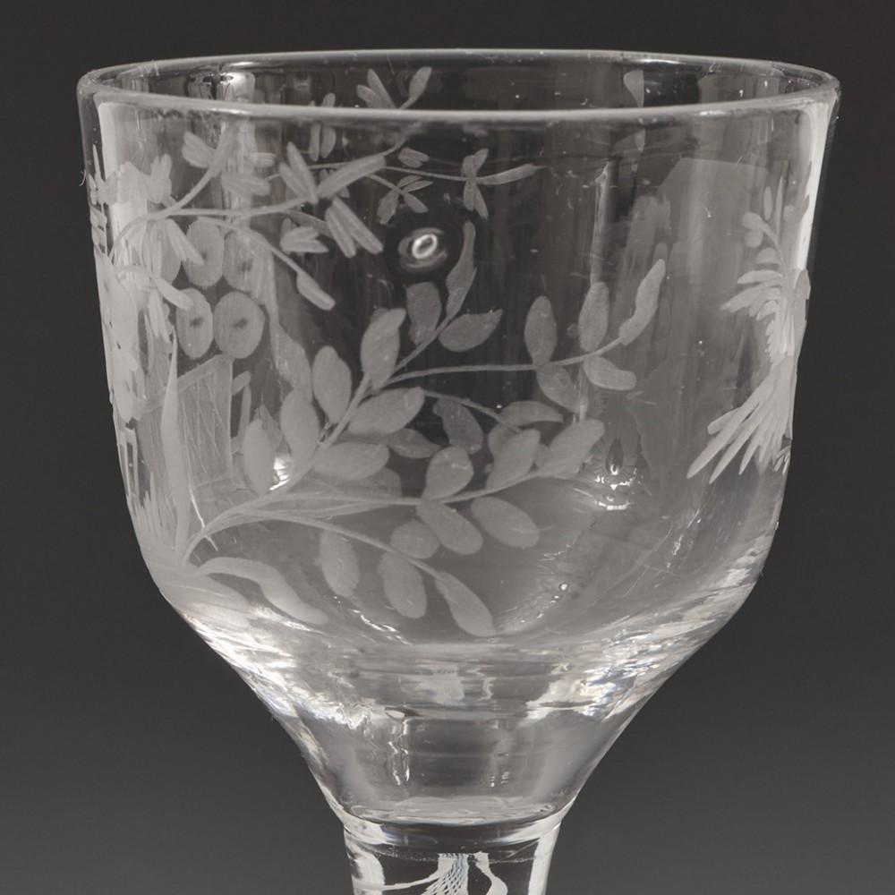 Mid-18th Century Engraved Double Series Opaque Twist Wine Glass c1760 For Sale