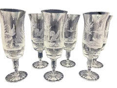 Engraved drinking glasses with a landscape and bird scene, 1970s