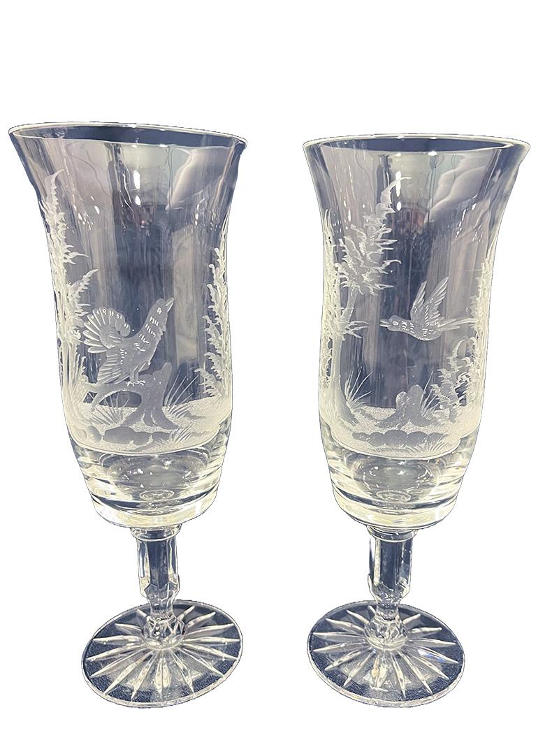 Engraved drinking glasses with a landscape and bird scene, 1970s In Good Condition For Sale In Delft, NL