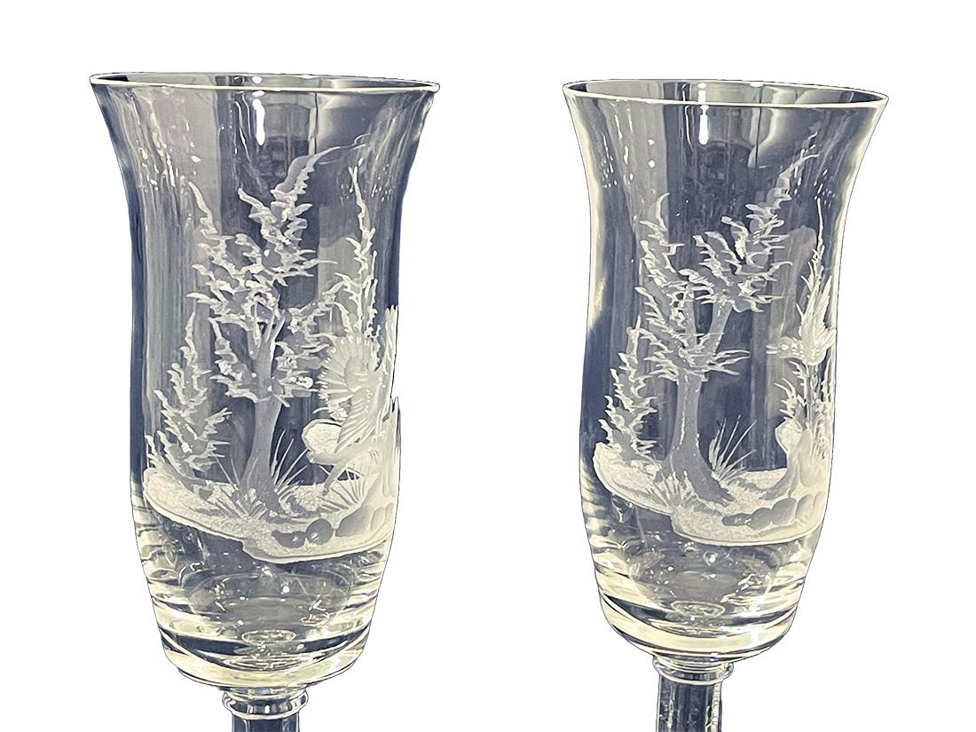 20th Century Engraved drinking glasses with a landscape and bird scene, 1970s For Sale