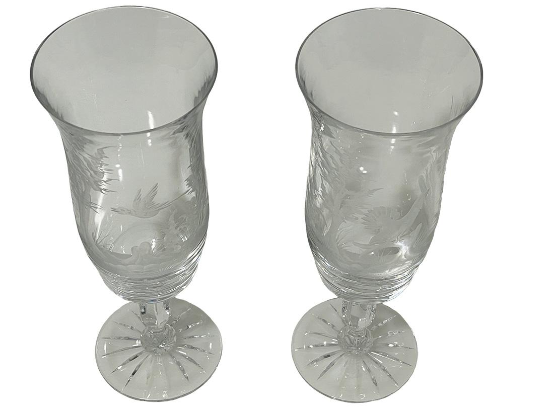 Glass Engraved drinking glasses with a landscape and bird scene, 1970s For Sale