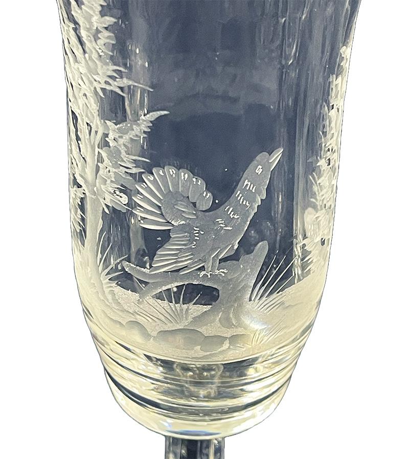Engraved drinking glasses with a landscape and bird scene, 1970s For Sale 3