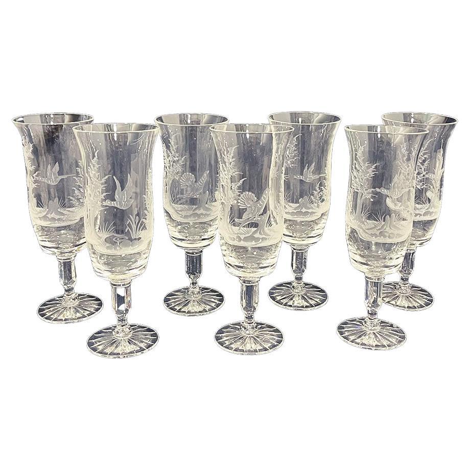 Engraved drinking glasses with a landscape and bird scene, 1970s For Sale