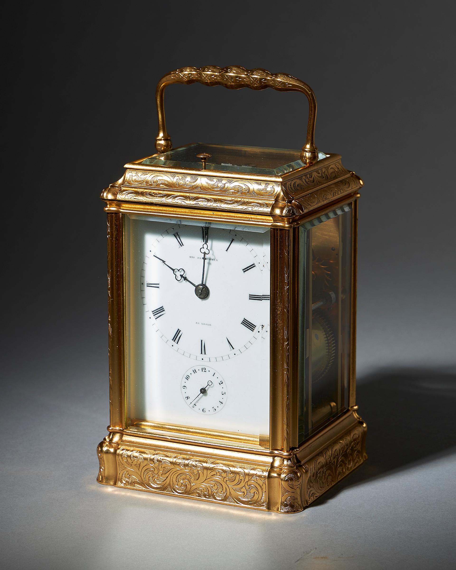 Neoclassical Engraved Eight-Day Striking and Repeating Carriage Clock by Perregaux Au Locle For Sale