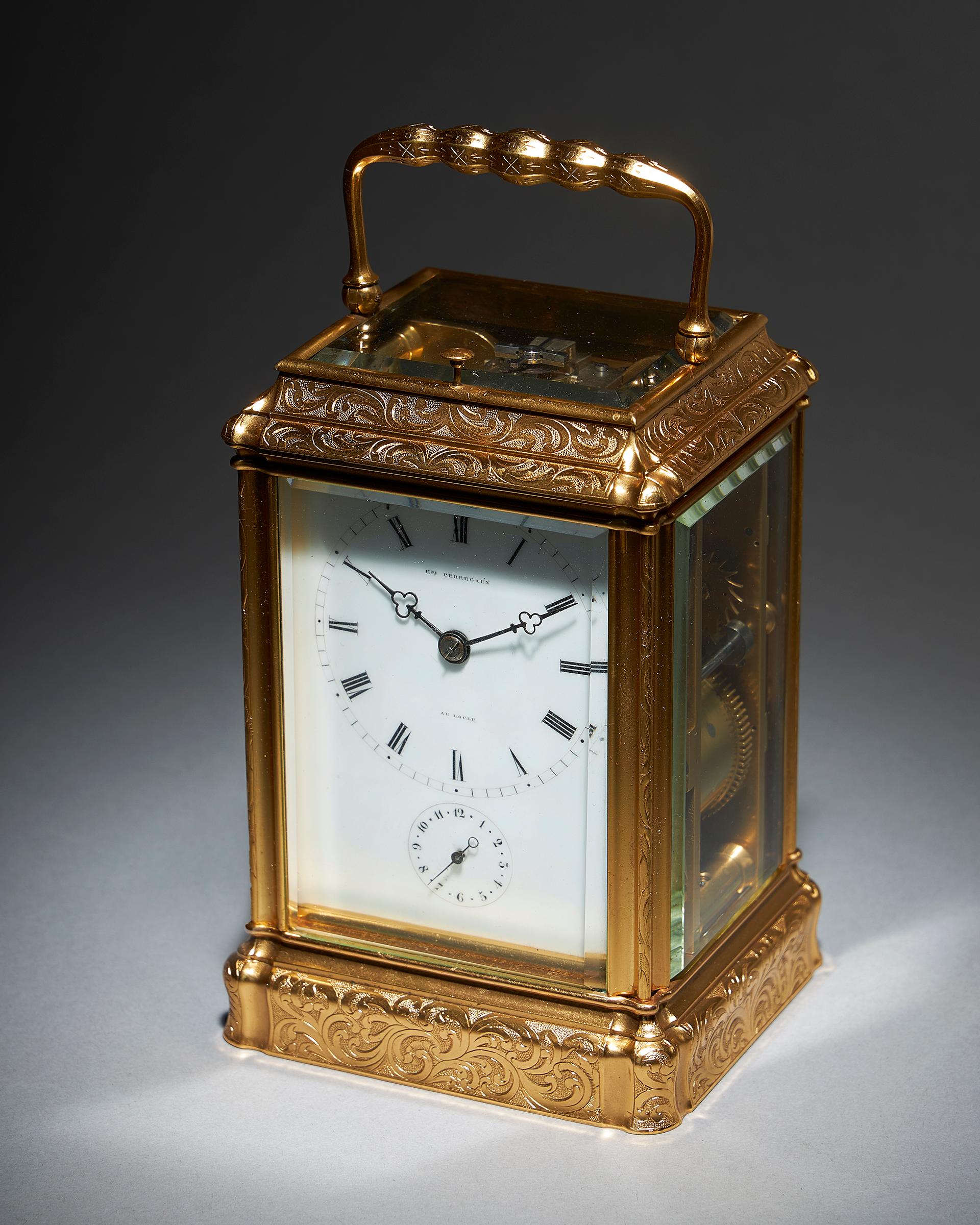 French Engraved Eight-Day Striking and Repeating Carriage Clock by Perregaux Au Locle For Sale