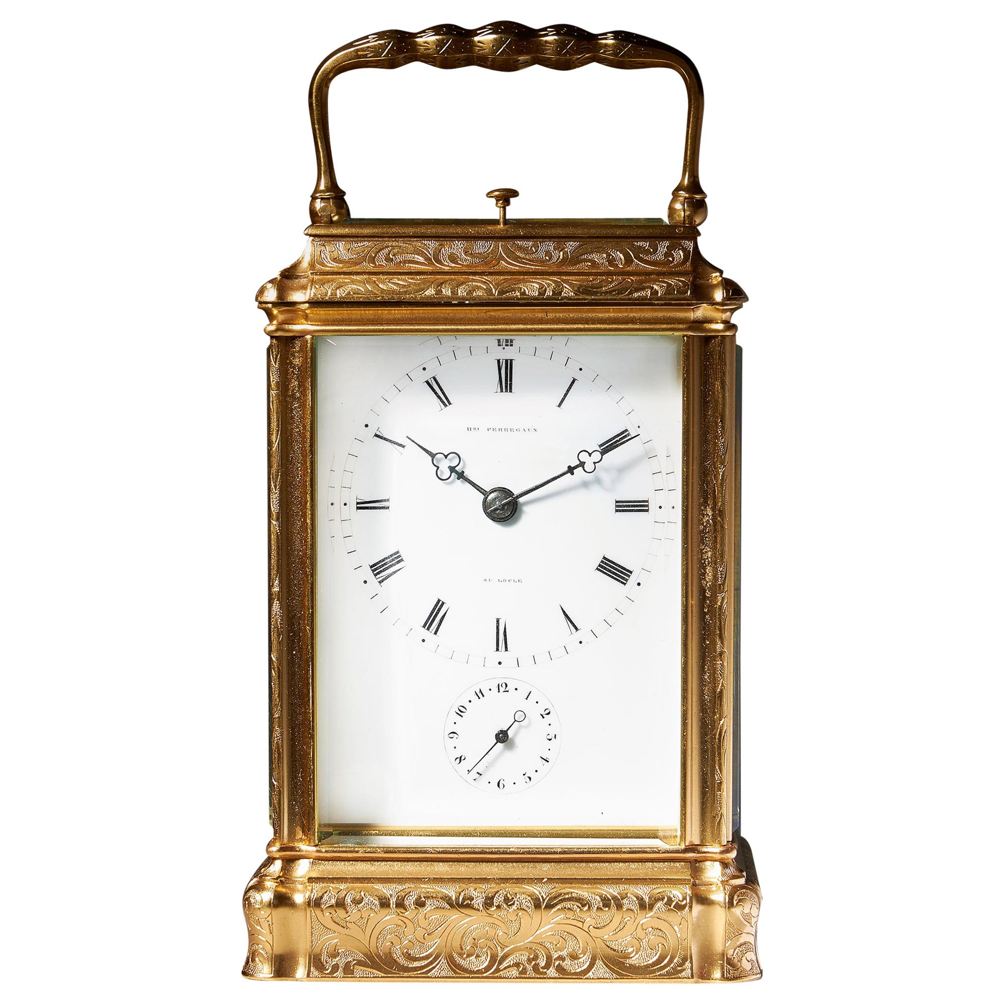 Engraved Eight-Day Striking and Repeating Carriage Clock by Perregaux Au Locle