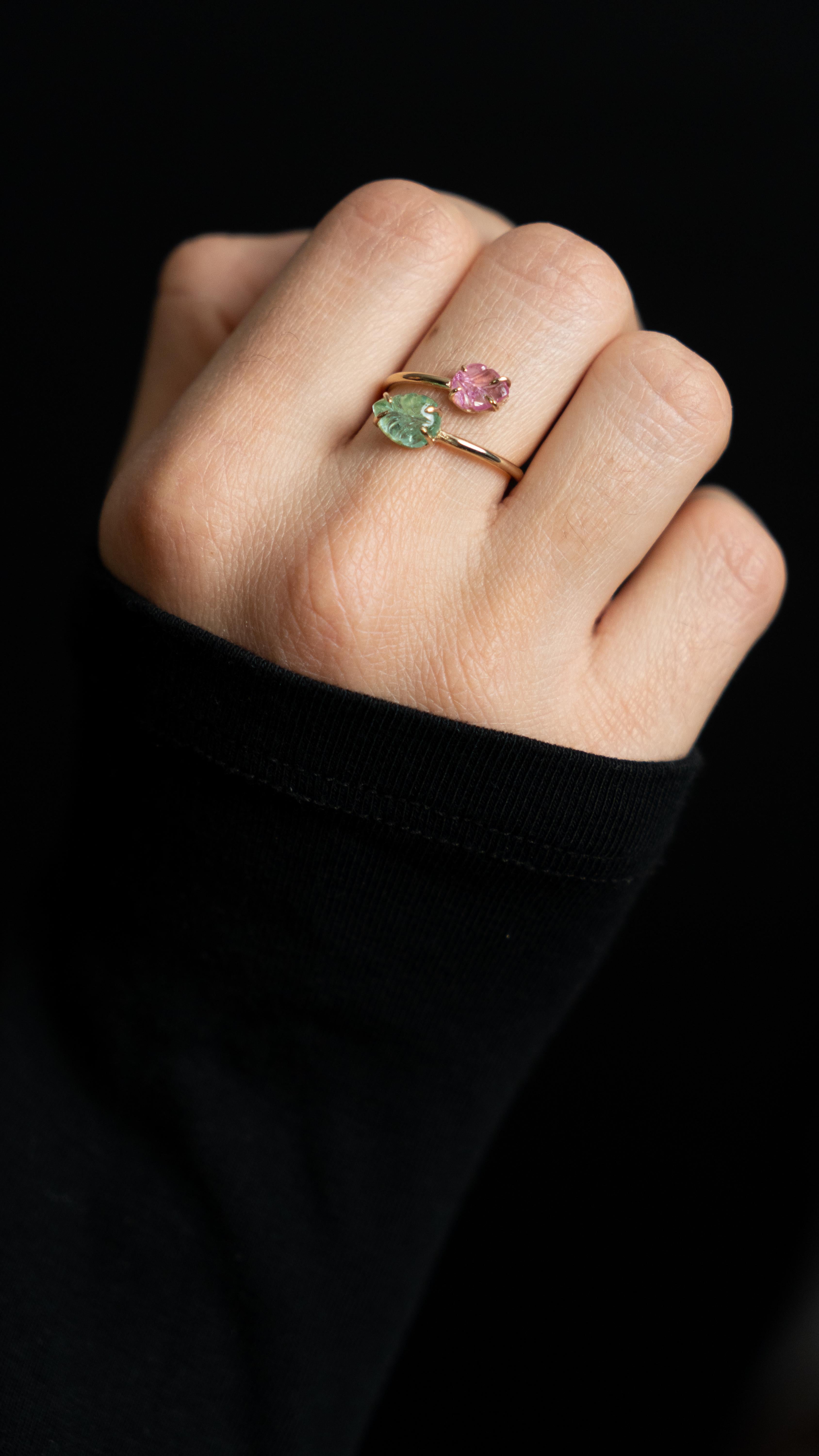 Contemporary Engraved Emerald and Spinel Leaves You and Me Ring by Marion Jeantet For Sale