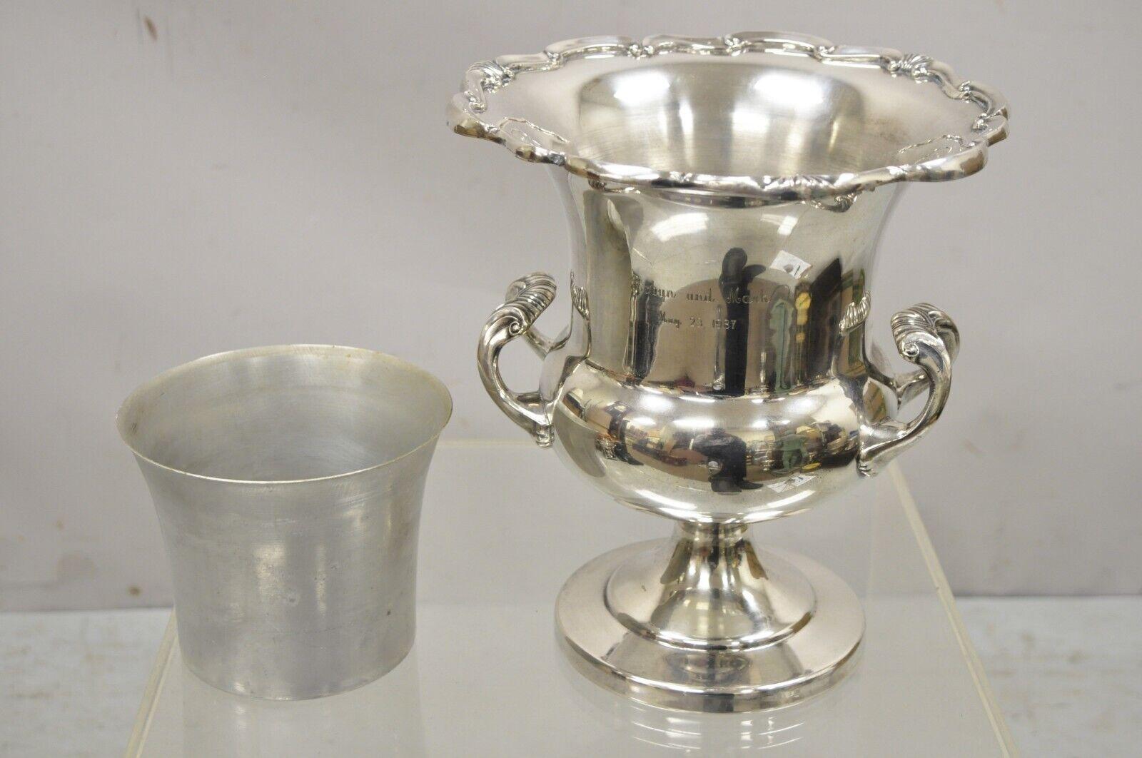 Engraved FB Rogers Regency style silver plated twin handle wine chiller ice bucket. Item featured is engraved 
