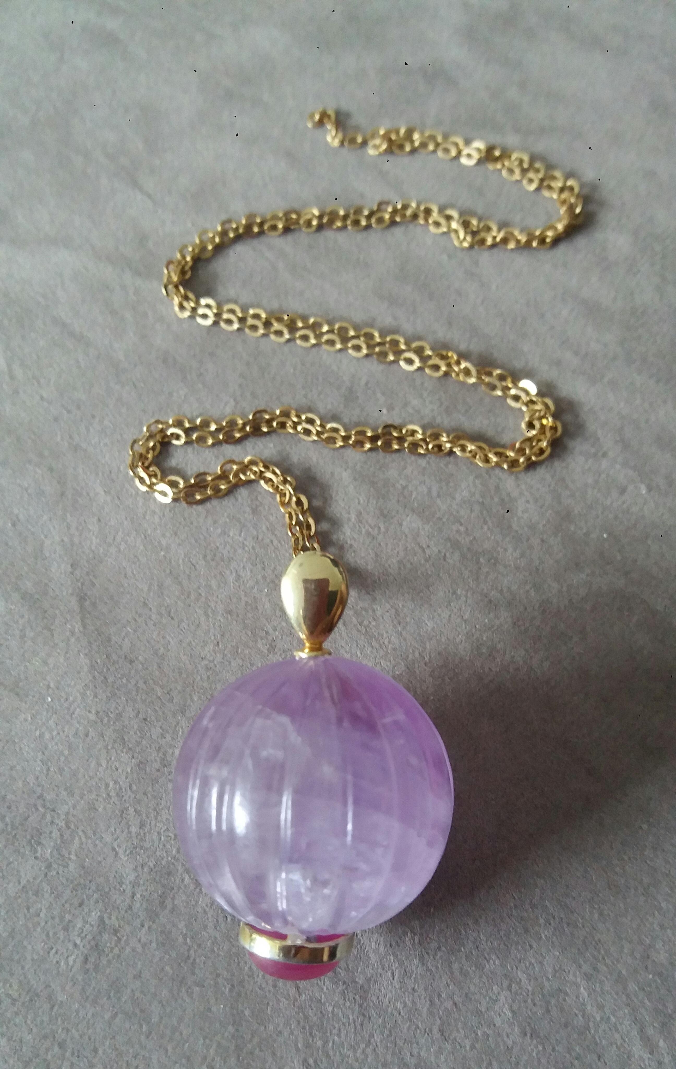 Artisan Engraved Genuine Amethyst Round Bead Oval Ruby Cabochon 14K Yellow Gold Pendant For Sale