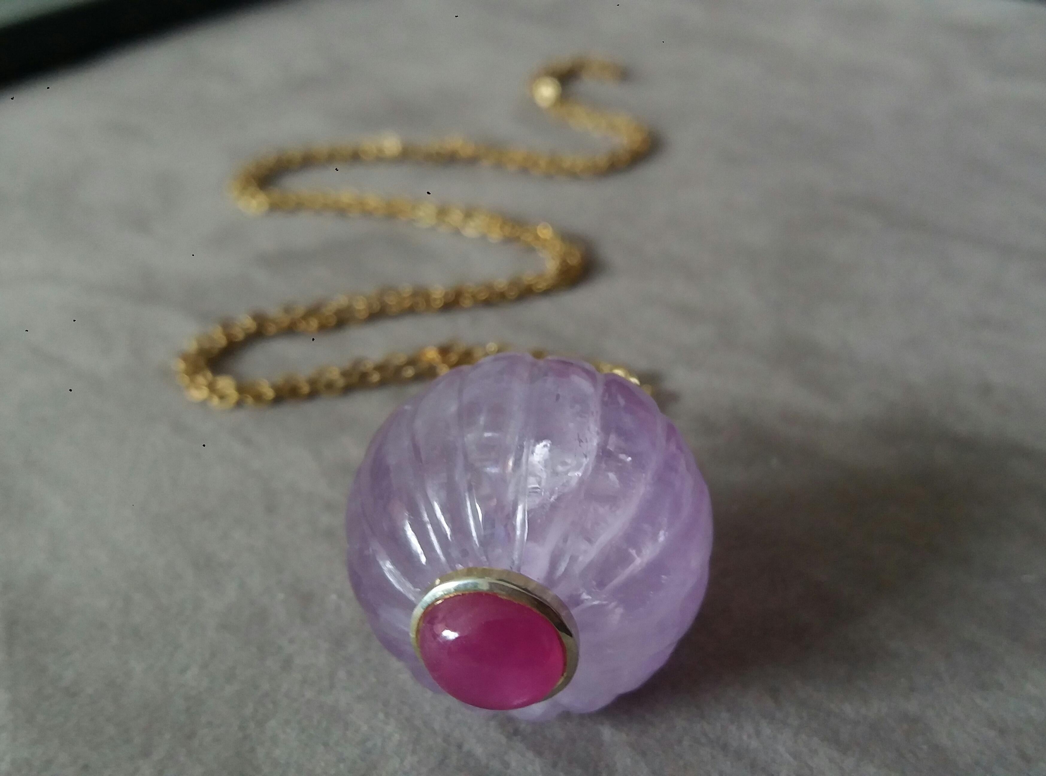 Mixed Cut Engraved Genuine Amethyst Round Bead Oval Ruby Cabochon 14K Yellow Gold Pendant For Sale