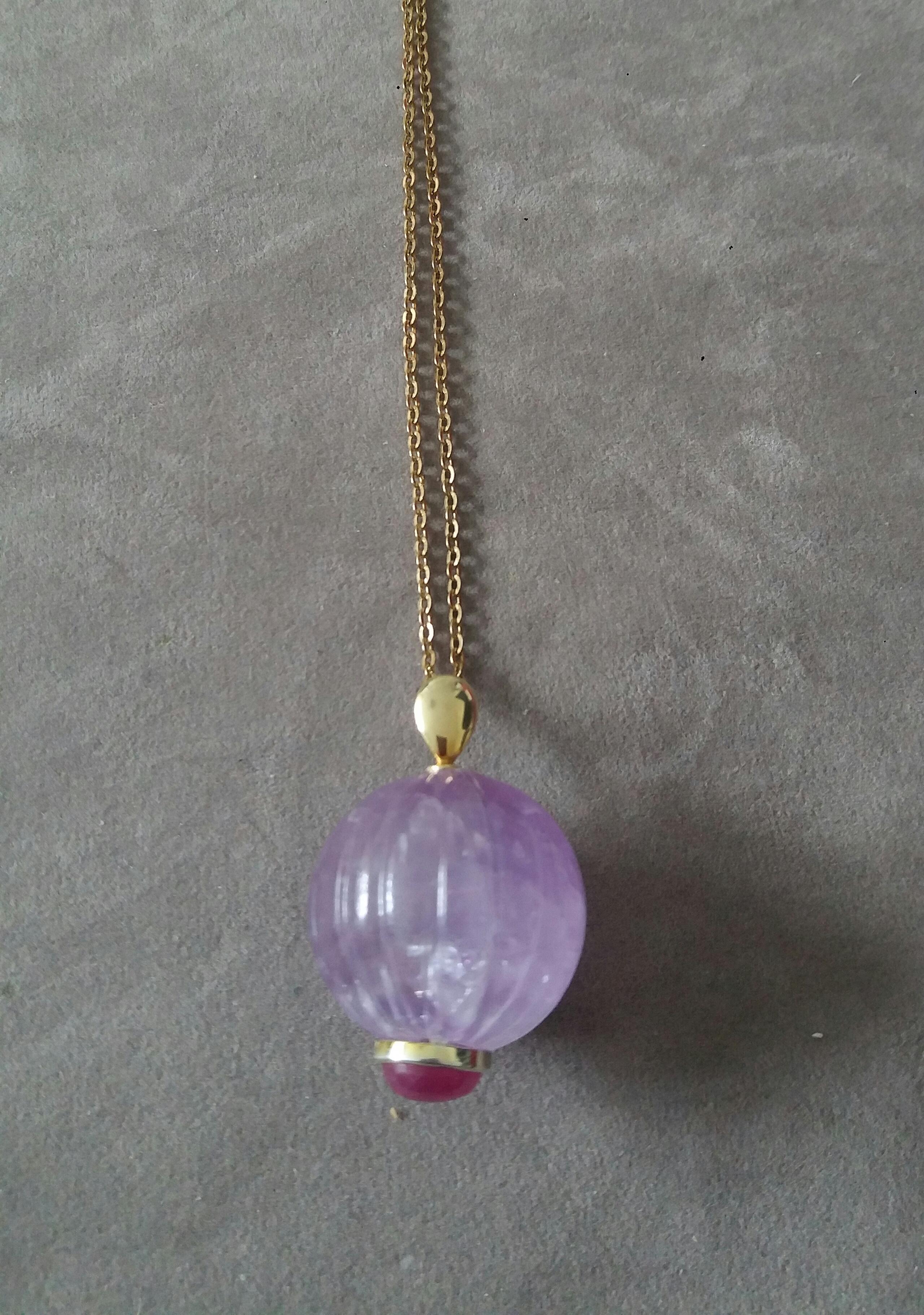 Engraved Genuine Amethyst Round Bead Oval Ruby Cabochon 14K Yellow Gold Pendant In New Condition In Bangkok, TH