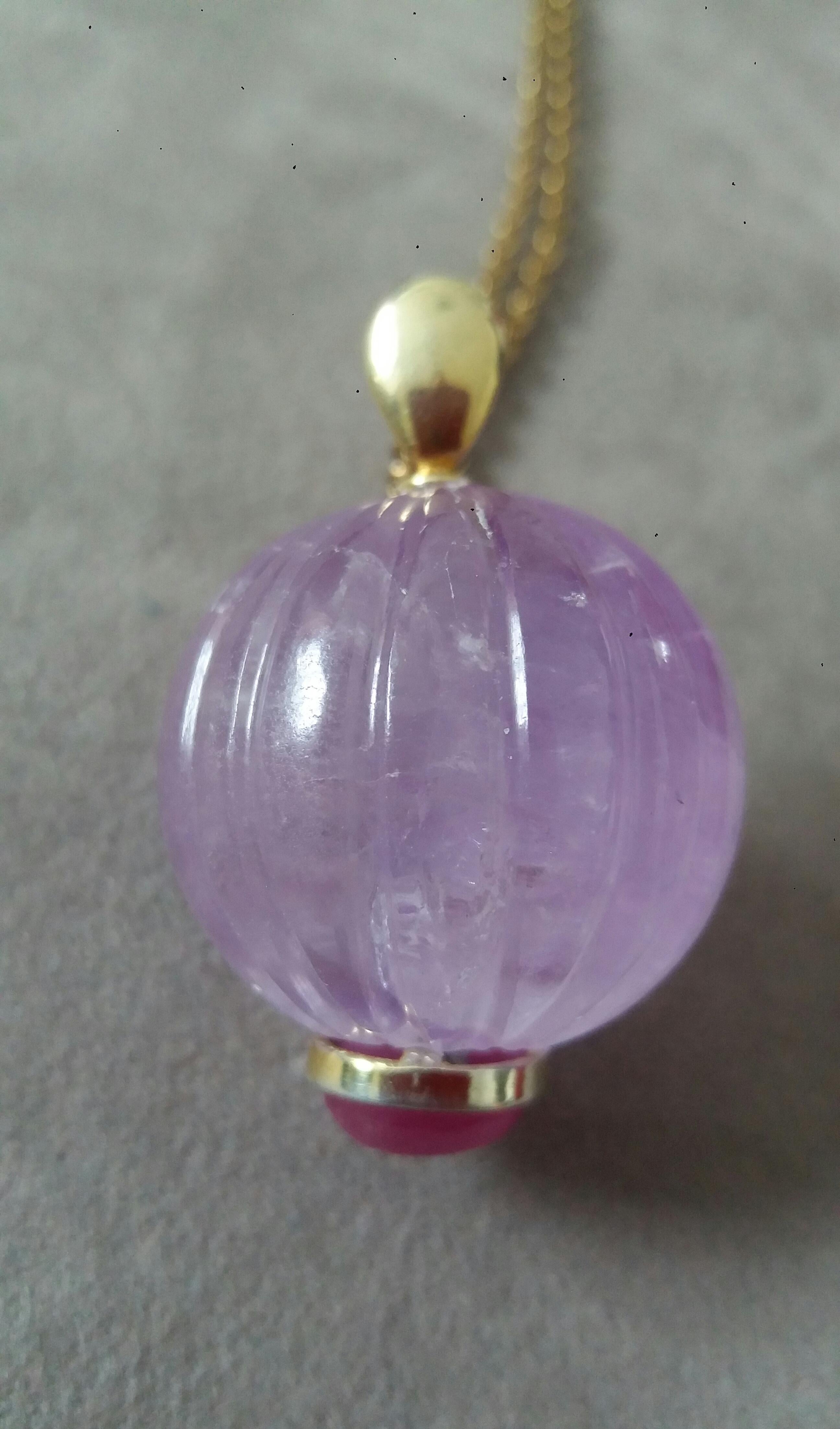 Engraved Genuine Amethyst Round Bead Oval Ruby Cabochon 14K Yellow Gold Pendant For Sale 1