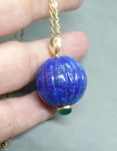 Engraved Genuine Lapis Lazuli Round Bead Green Onyx Cab 14K Yellow Gold Pendant