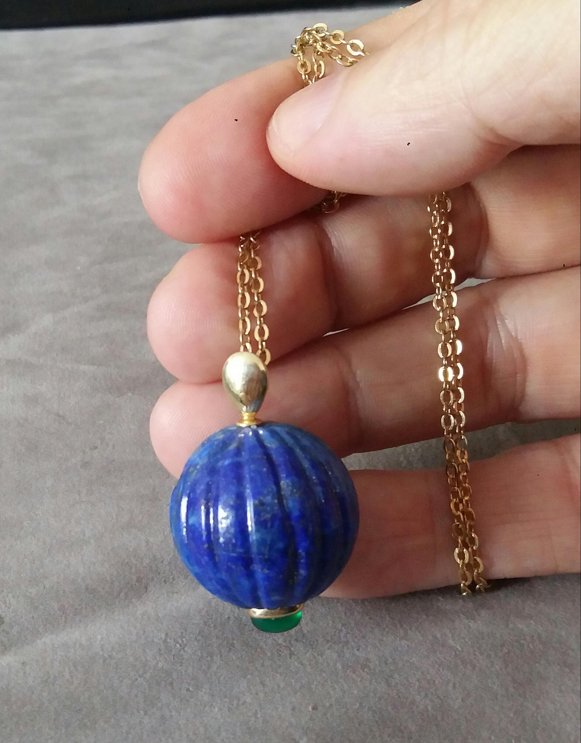 Engraved Genuine Lapis Lazuli Round Bead Green Onyx Cab 14K Yellow Gold Pendant For Sale 2