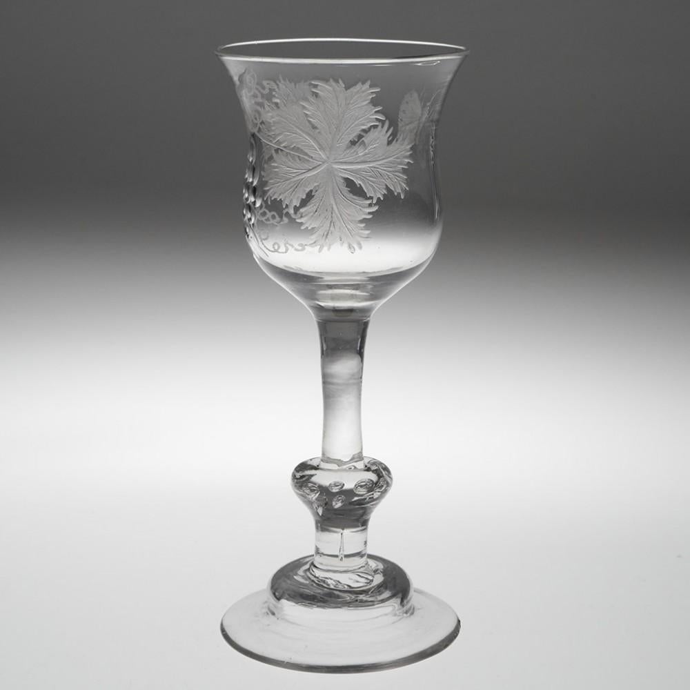 George II Engraved Georgian Balustroid Wine Glass, circa 1740 For Sale