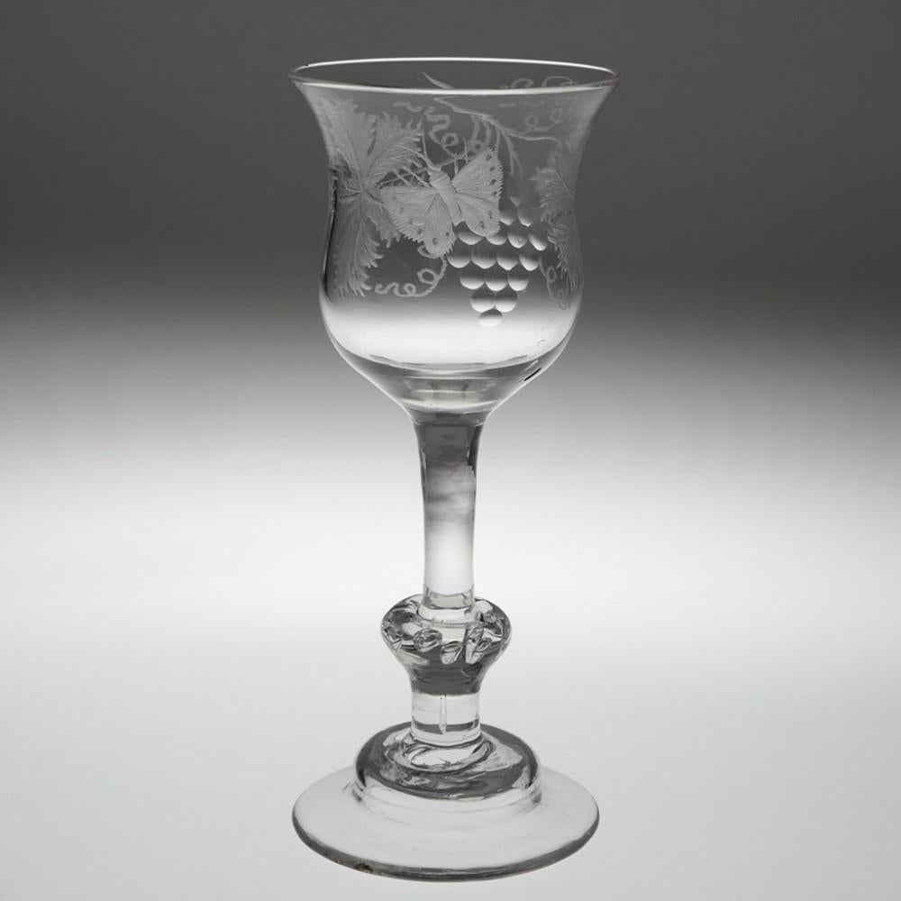 English Engraved Georgian Balustroid Wine Glass, circa 1740 For Sale