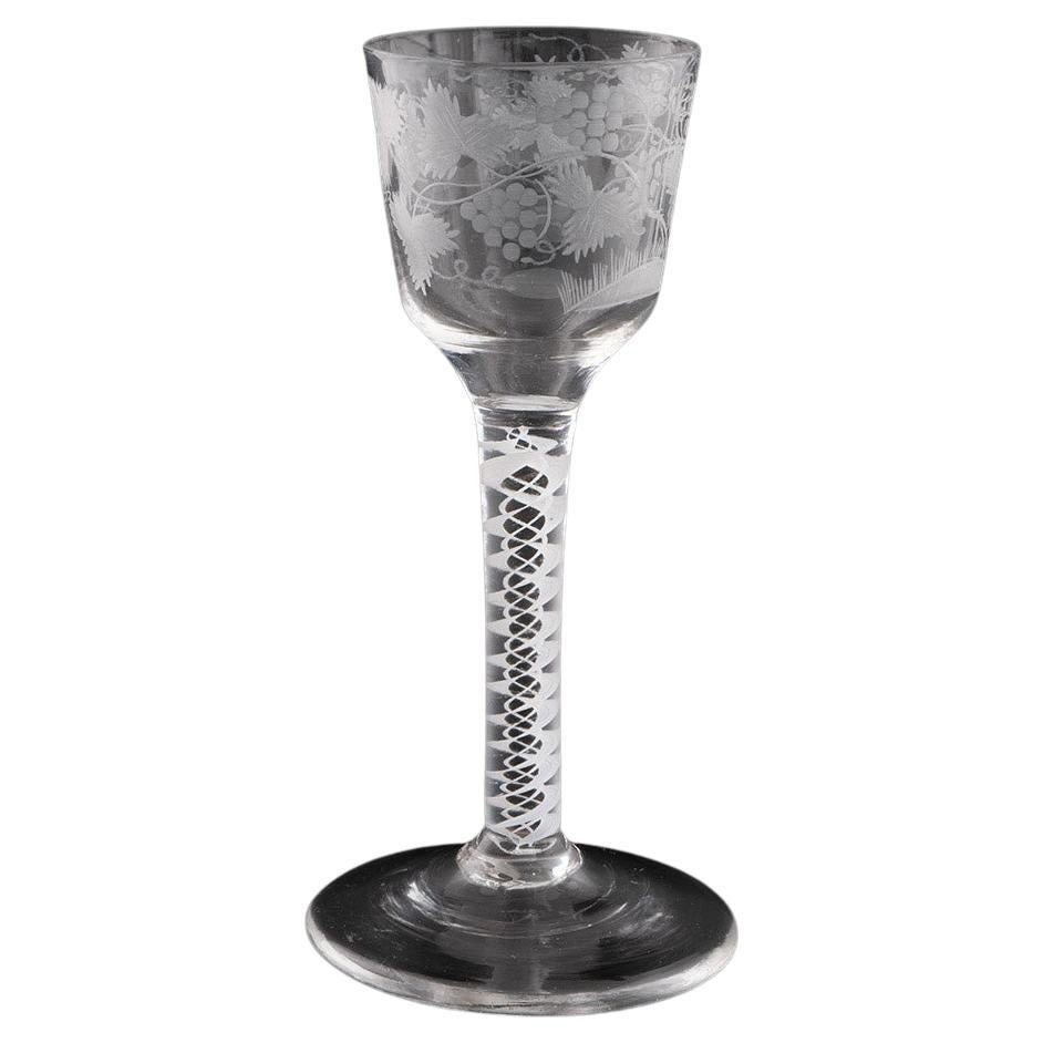 Copa de vino georgiana grabada con tallo retorcido opaco c1760