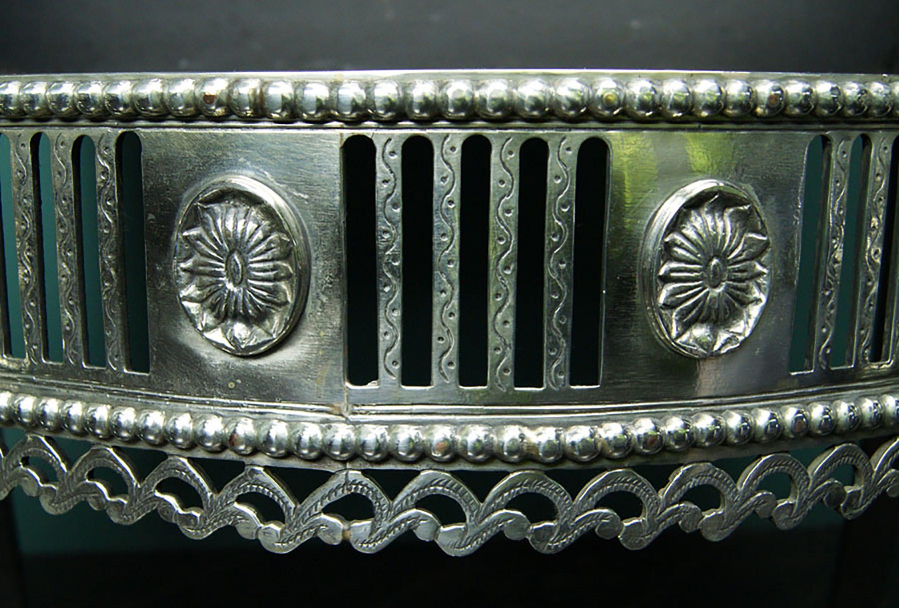 English Engraved German Silver Serpentine Fire Grate For Sale