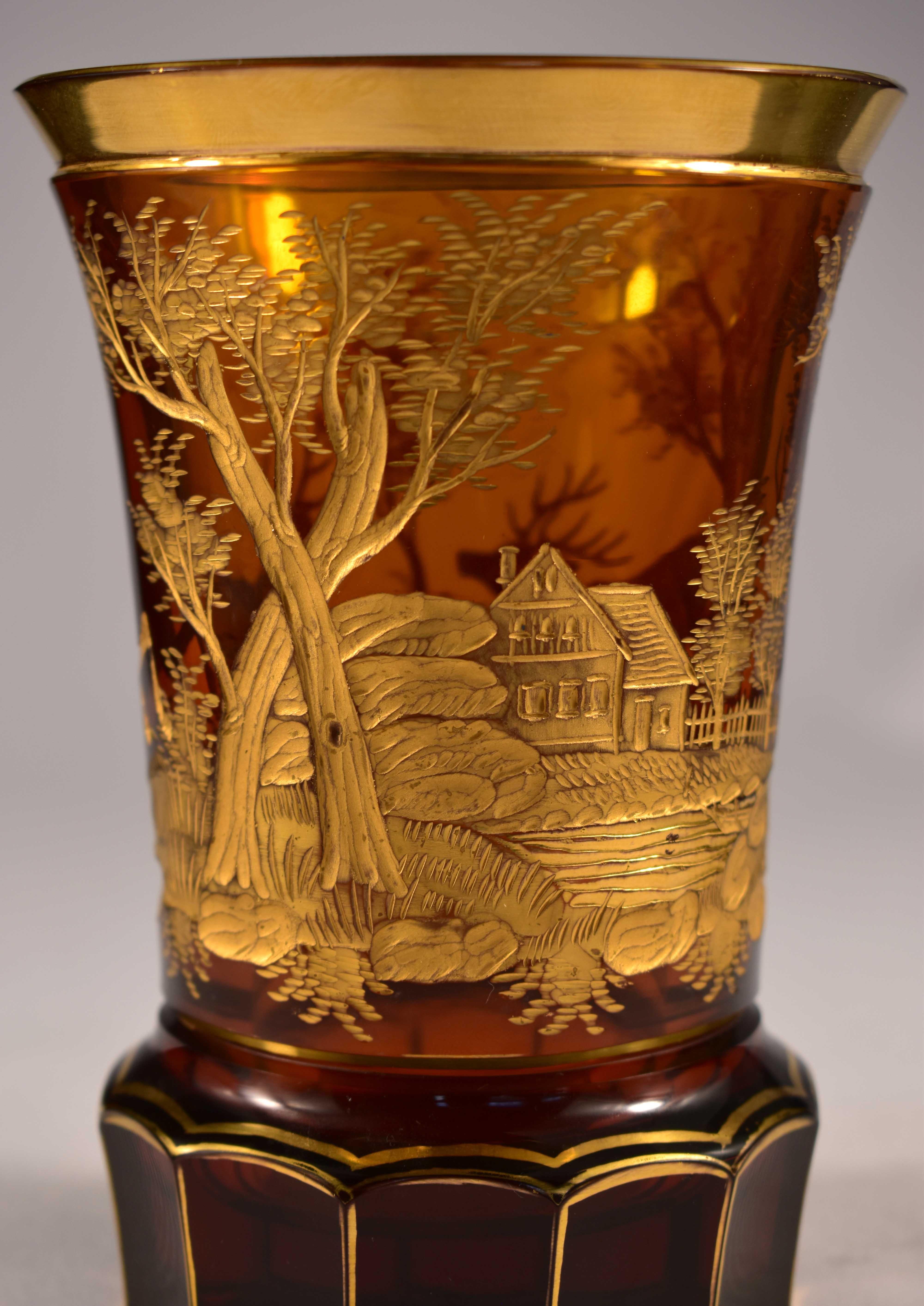 Engraved Gilded Amber Glass Goblet, Bohemian Glass 20th Century In Good Condition In Nový Bor, CZ