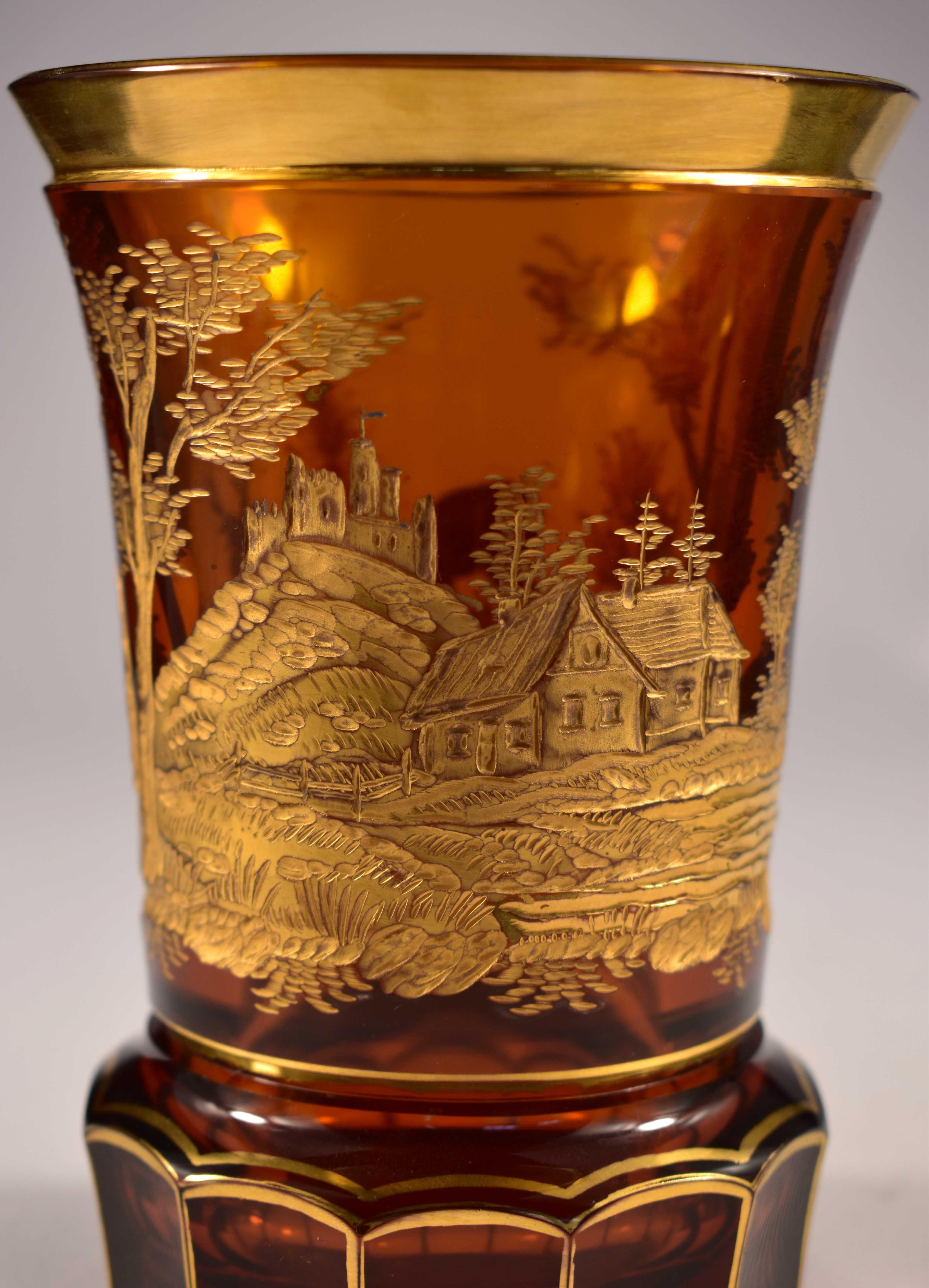 Engraved Gilded Amber Glass Goblet, Bohemian Glass 20th Century In Good Condition In Nový Bor, CZ
