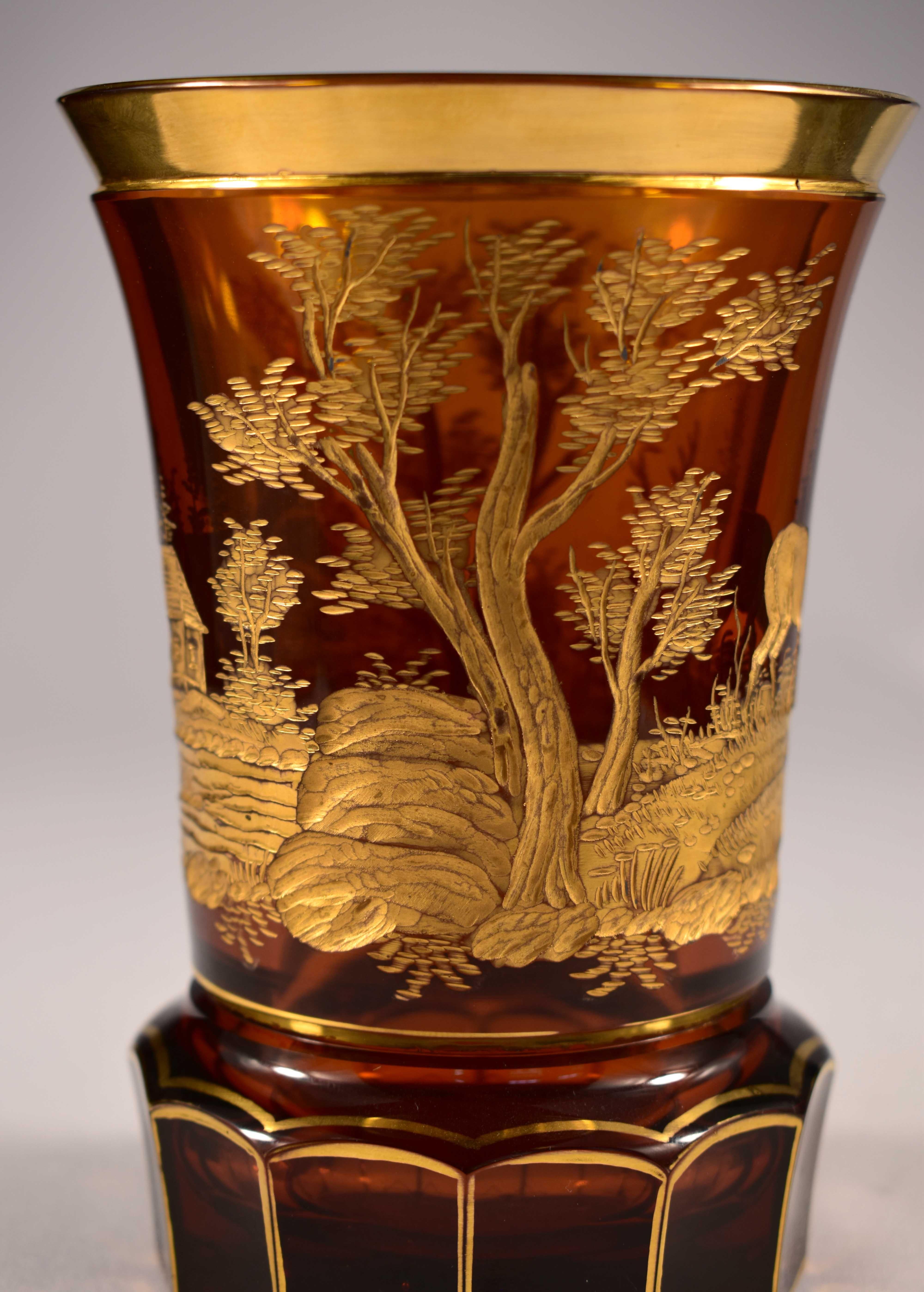 Art Glass Engraved Gilded Amber Glass Goblet, Bohemian Glass 20th Century