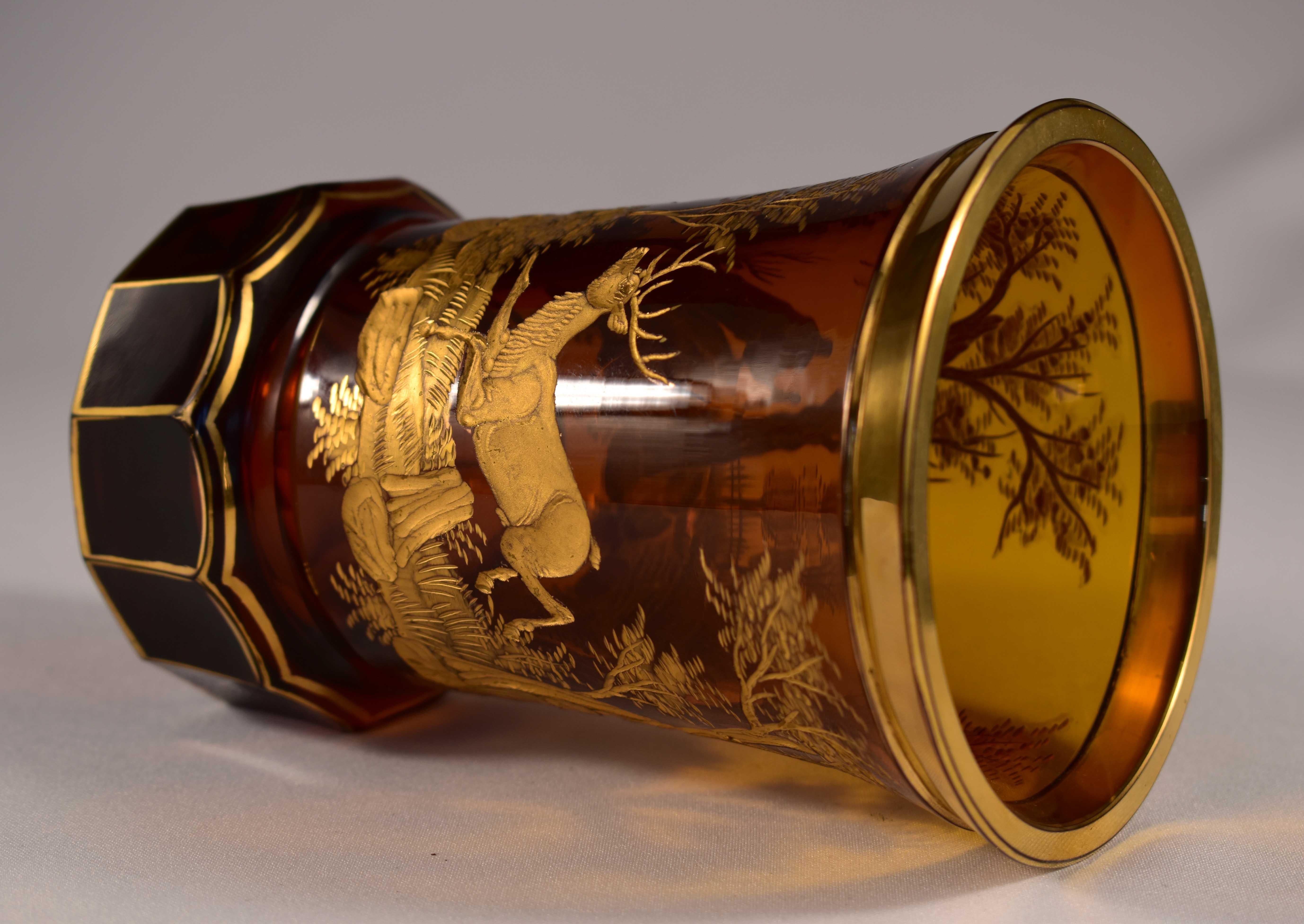 Engraved Gilded Amber Glass Goblet, Bohemian Glass 20th Century 1