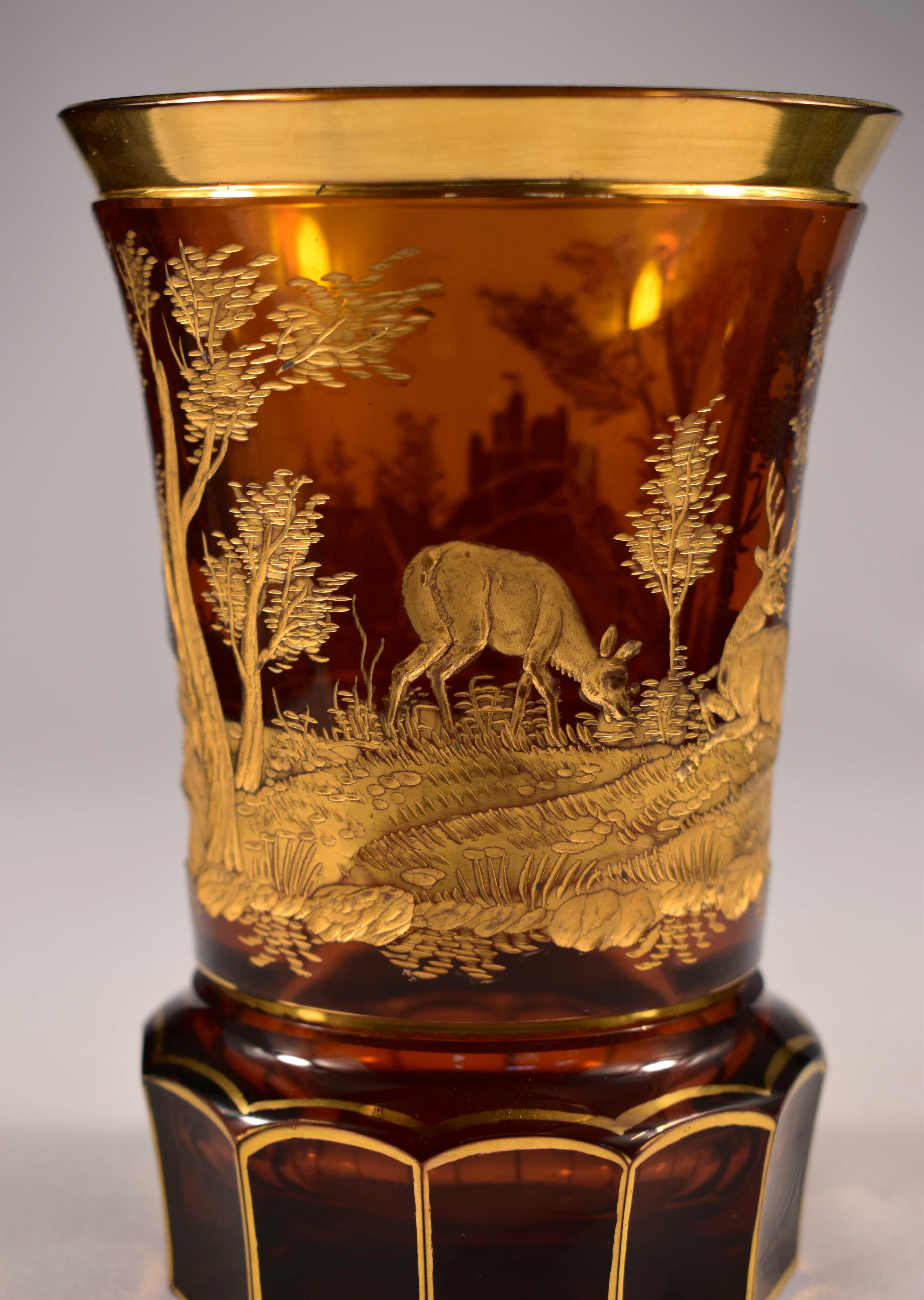 Engraved Gilded Amber Glass Goblet, Bohemian Glass 20th Century 1