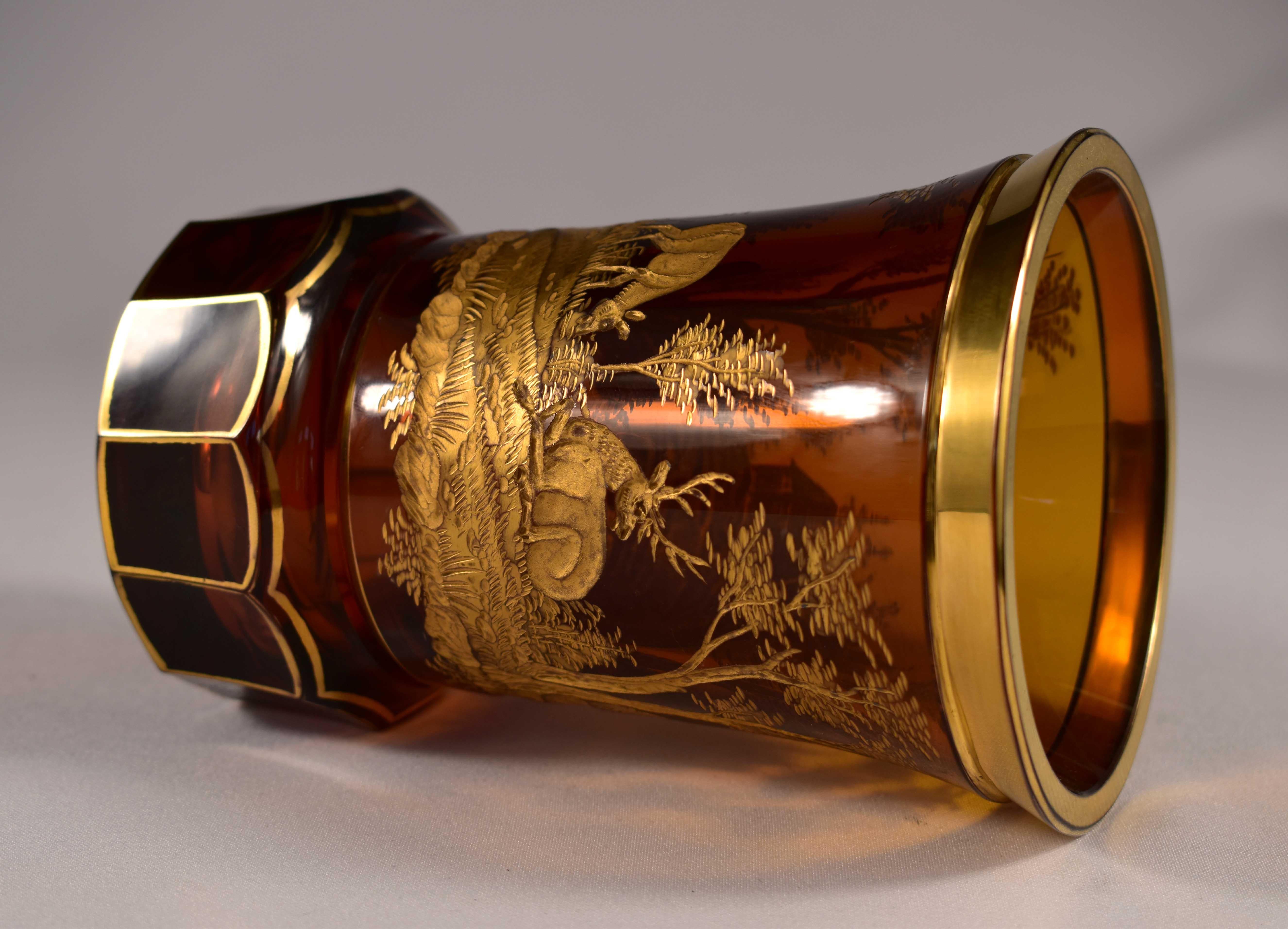 Engraved Gilded Amber Glass Goblet, Bohemian Glass 20th Century 2