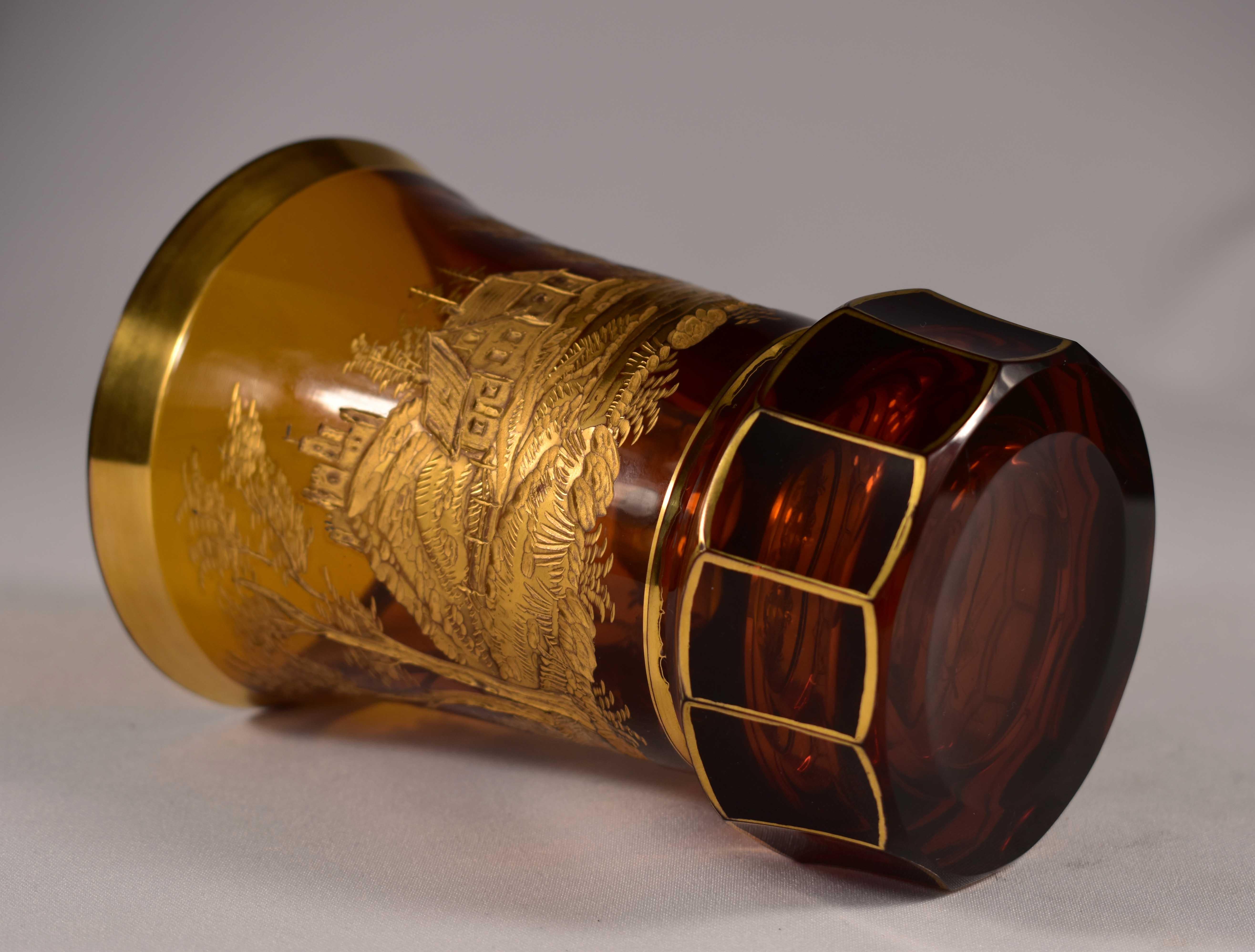 Engraved Gilded Amber Glass Goblet, Bohemian Glass 20th Century 3