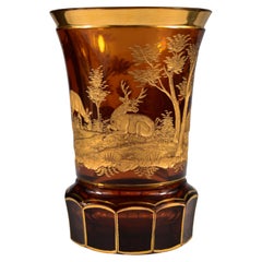 Engraved Gilded Amber Glass Goblet, Bohemian Glass 20th Century