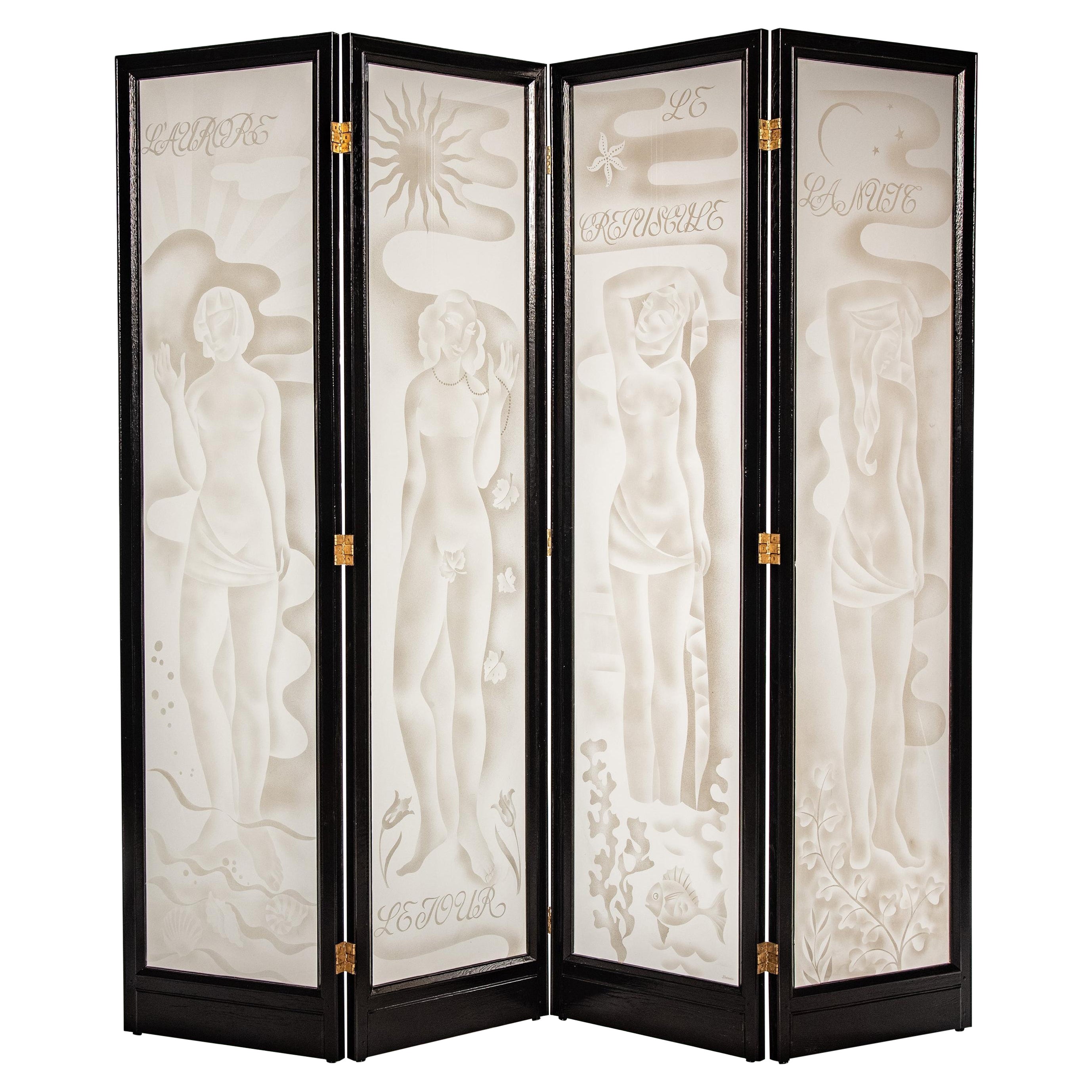 Paravento in vetro inciso con cornice in quercia, firmato "Laurencin" 1937