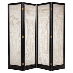 Paravento in vetro inciso con cornice in quercia, firmato "Laurencin" 1937