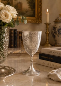 Engraved Goblet / Decorative Wine Chalice, Vintage Silver-Plated Glass Barware