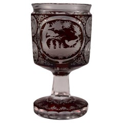 Vintage Engraved Goblet, Ruby Lazure, Bohemian Glass 20th Century