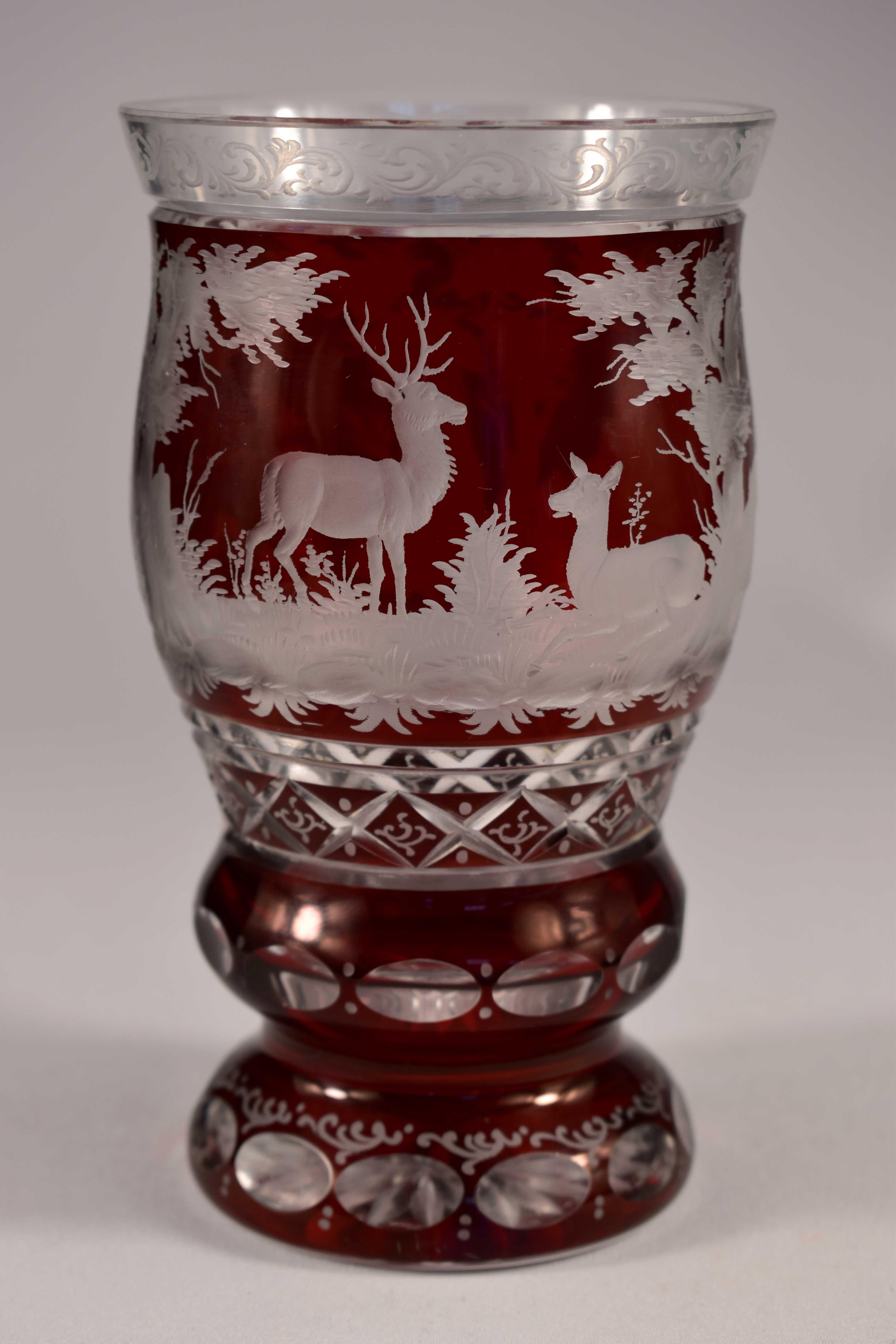 Beautiful cut and engraved cup, overlaid Ruby lazura, engraved hunting motif, 20th century Bohemian glass. - Undamaged.