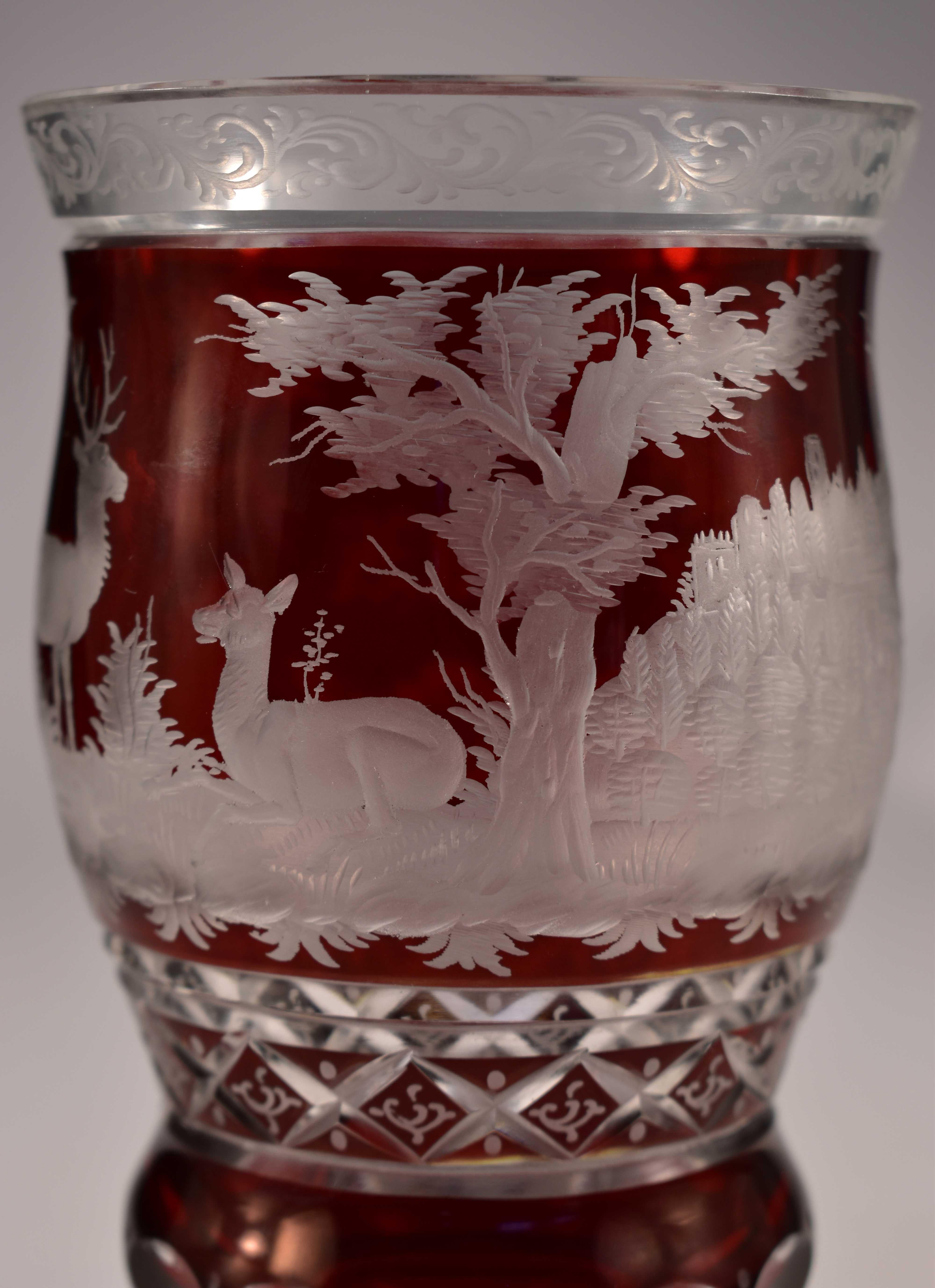 Hand-Crafted Engraved Goblet, Ruby Lazure, Bohemian Glass