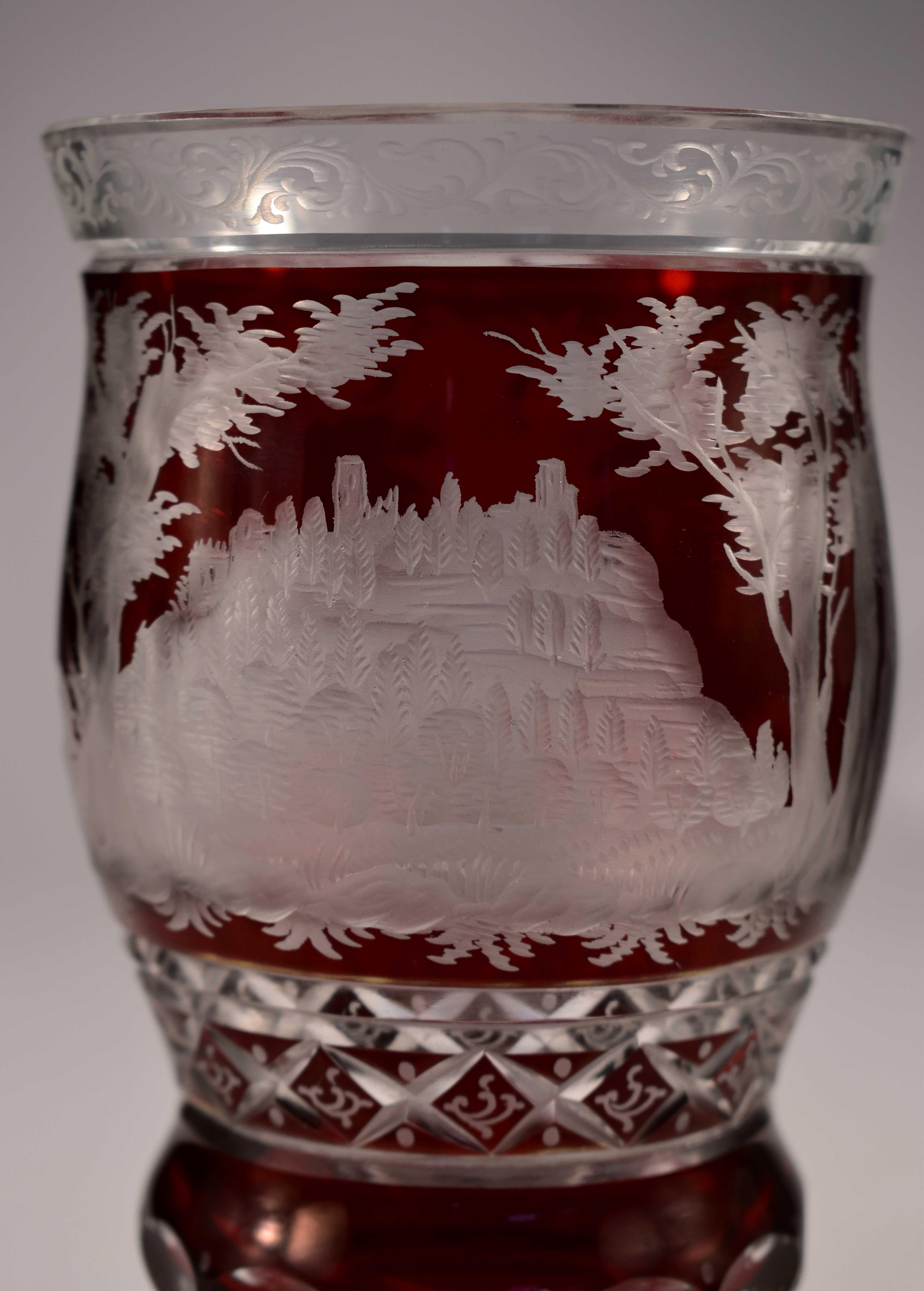 Engraved Goblet, Ruby Lazure, Bohemian Glass In Good Condition In Nový Bor, CZ